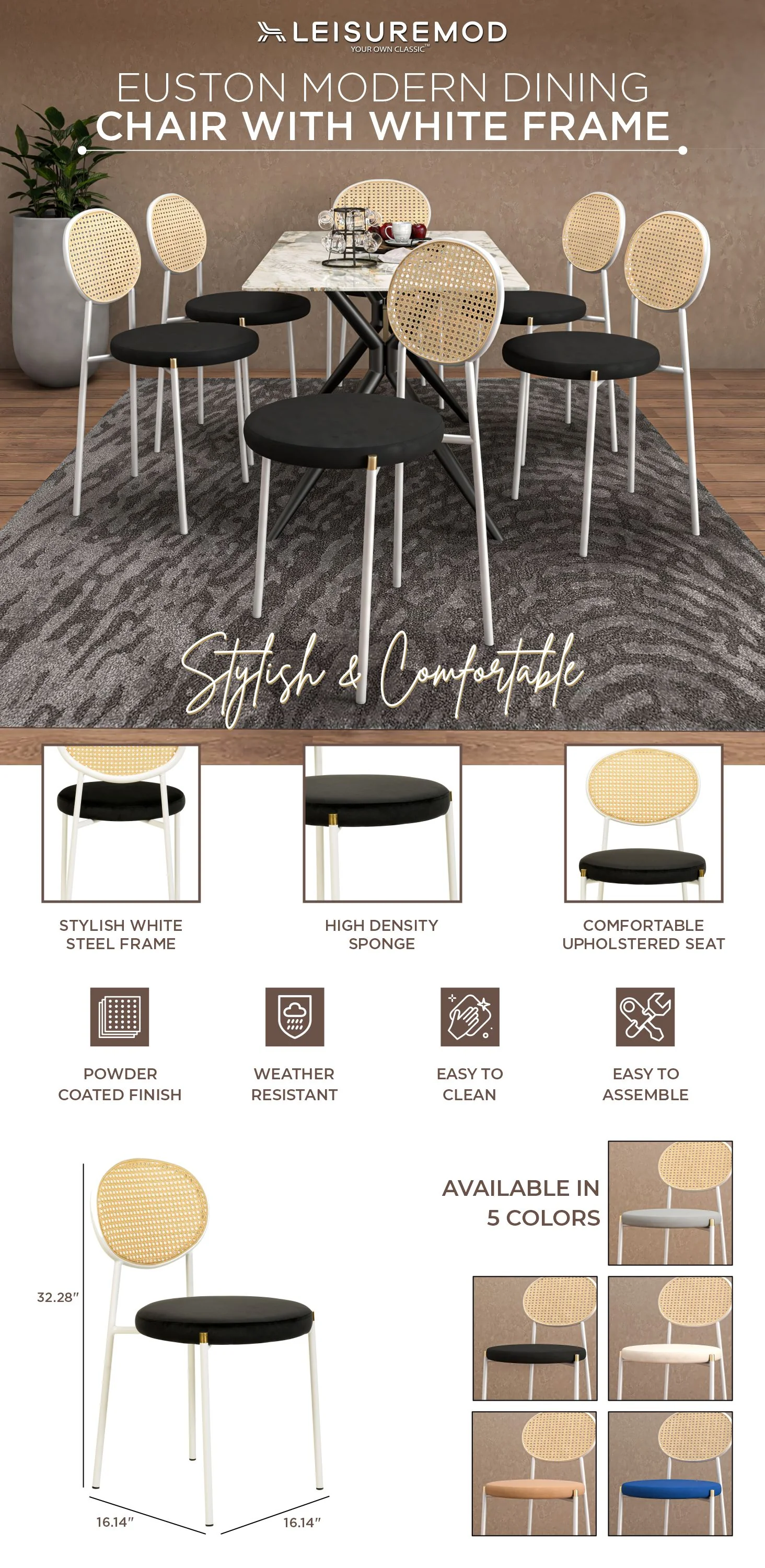 Euston Collection Modern Dining Chair White Frame In black