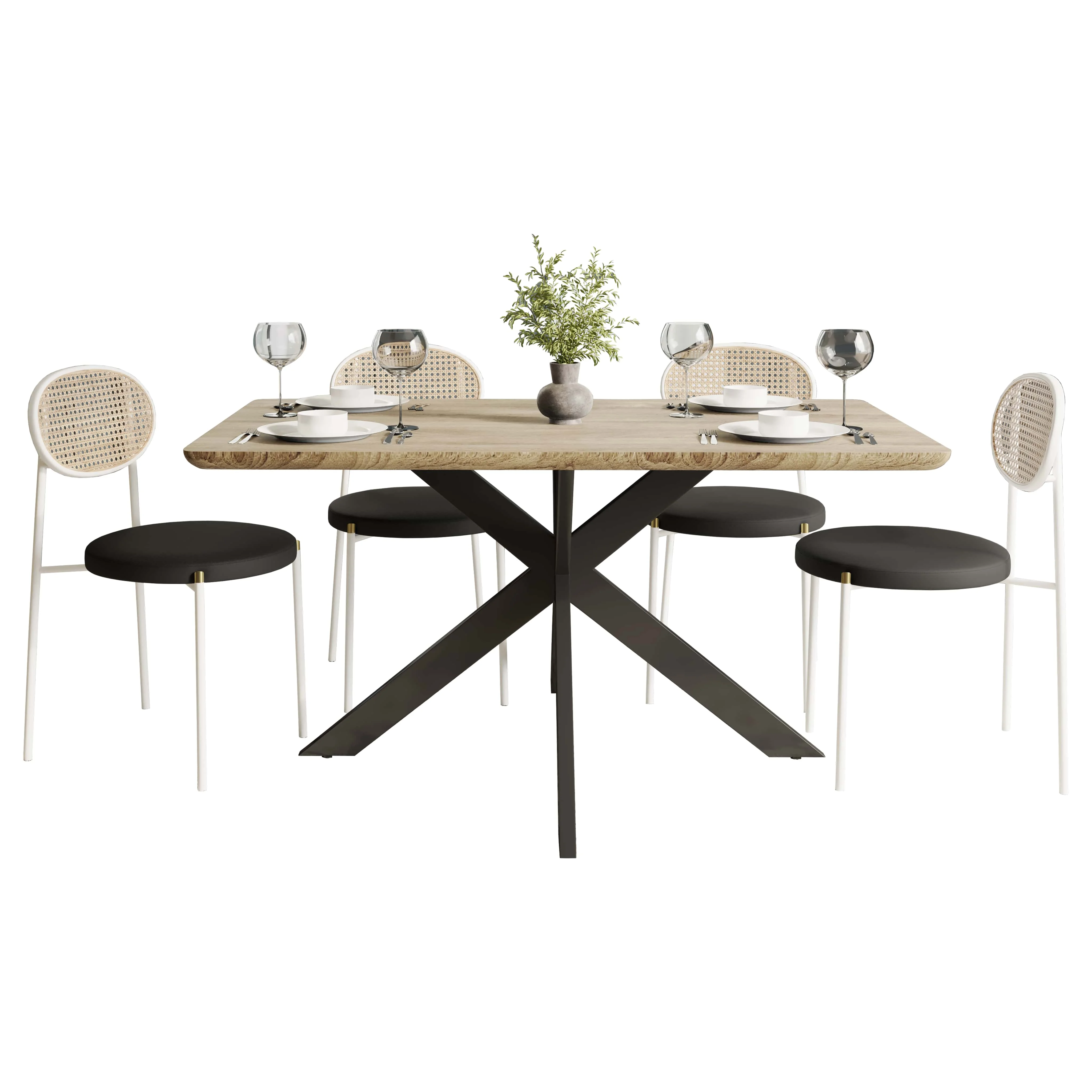 5-Piece Dining Set with 63" Rectangular Dining Table in Maple with 4 Velvet Dining Chairs in White Steel Legs in Black