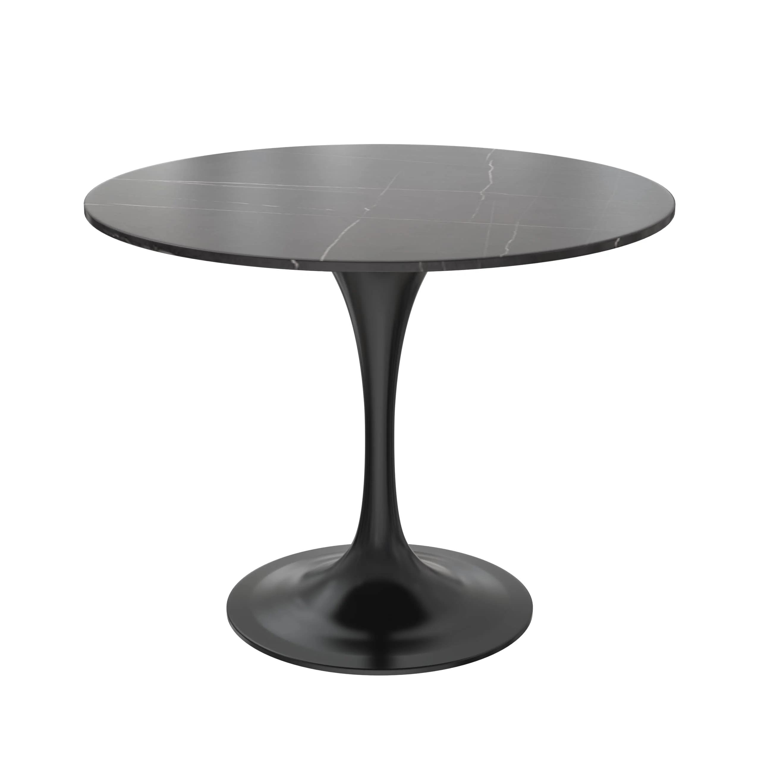 5-Piece Dining Set with 36" Round Dining Table Black Sintered Stone Top and Black Pedestal with 4 Velvet Dining Chairs in White Steel Legs in Black