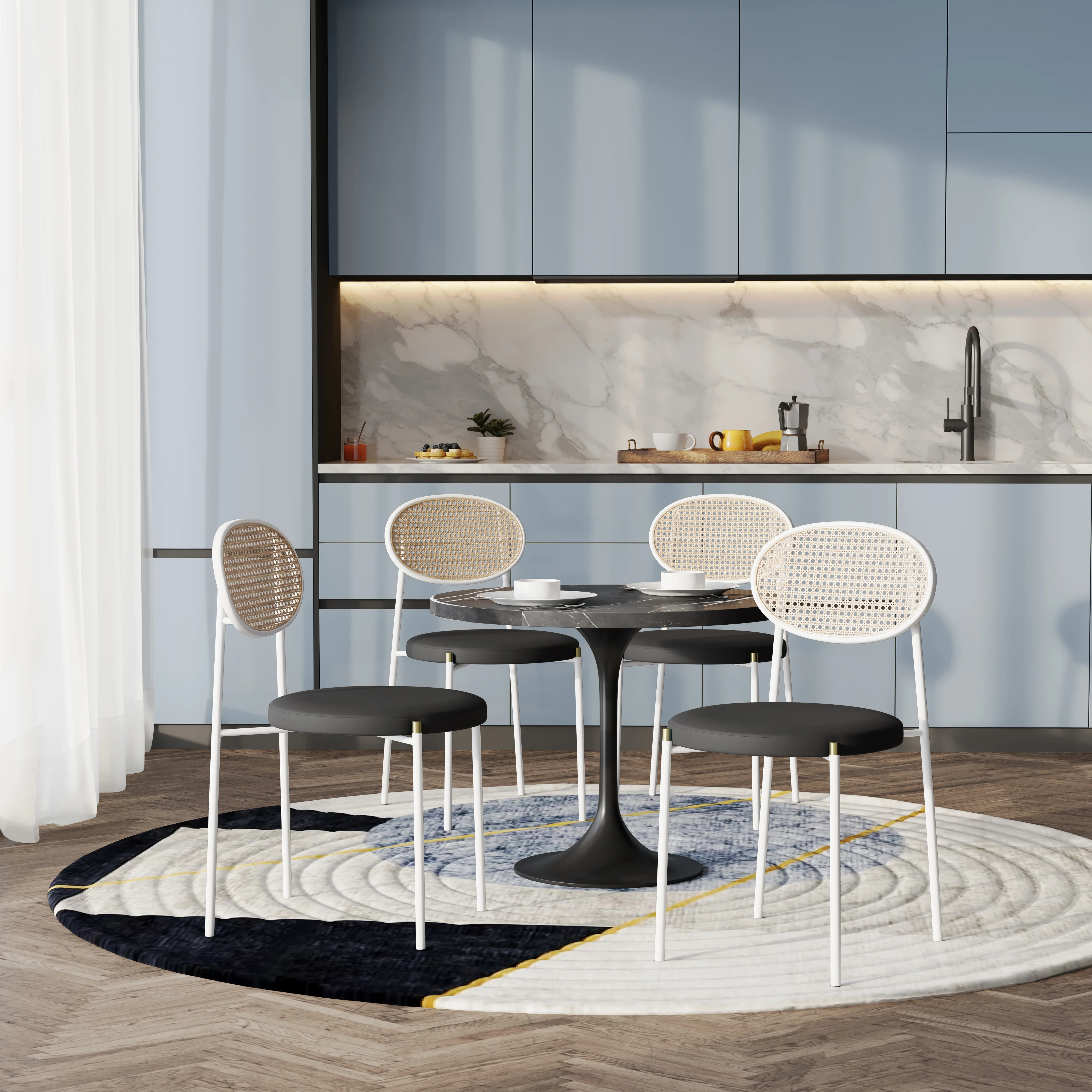 5-Piece Dining Set with 36" Round Dining Table Black Sintered Stone Top and Black Pedestal with 4 Velvet Dining Chairs in White Steel Legs in Black