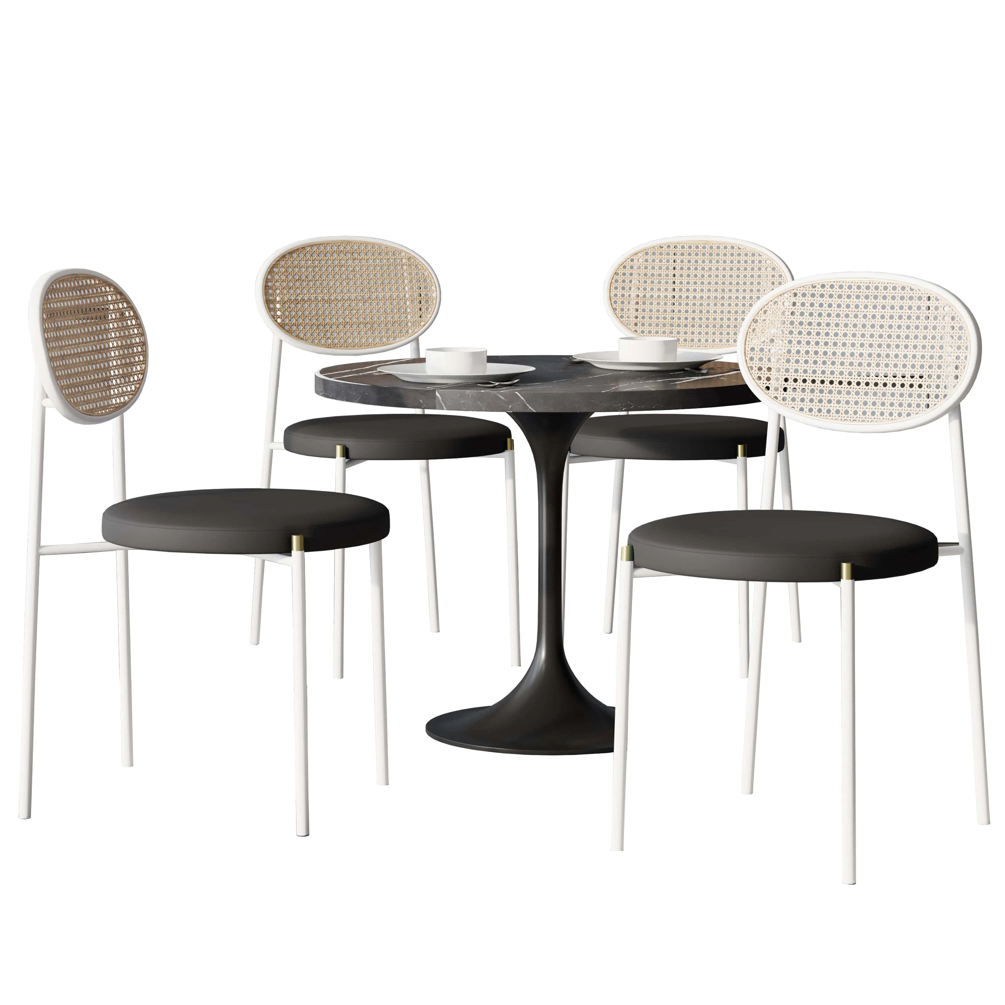 5-Piece Dining Set with 36" Round Dining Table Black Sintered Stone Top and Black Pedestal with 4 Velvet Dining Chairs in White Steel Legs in Black