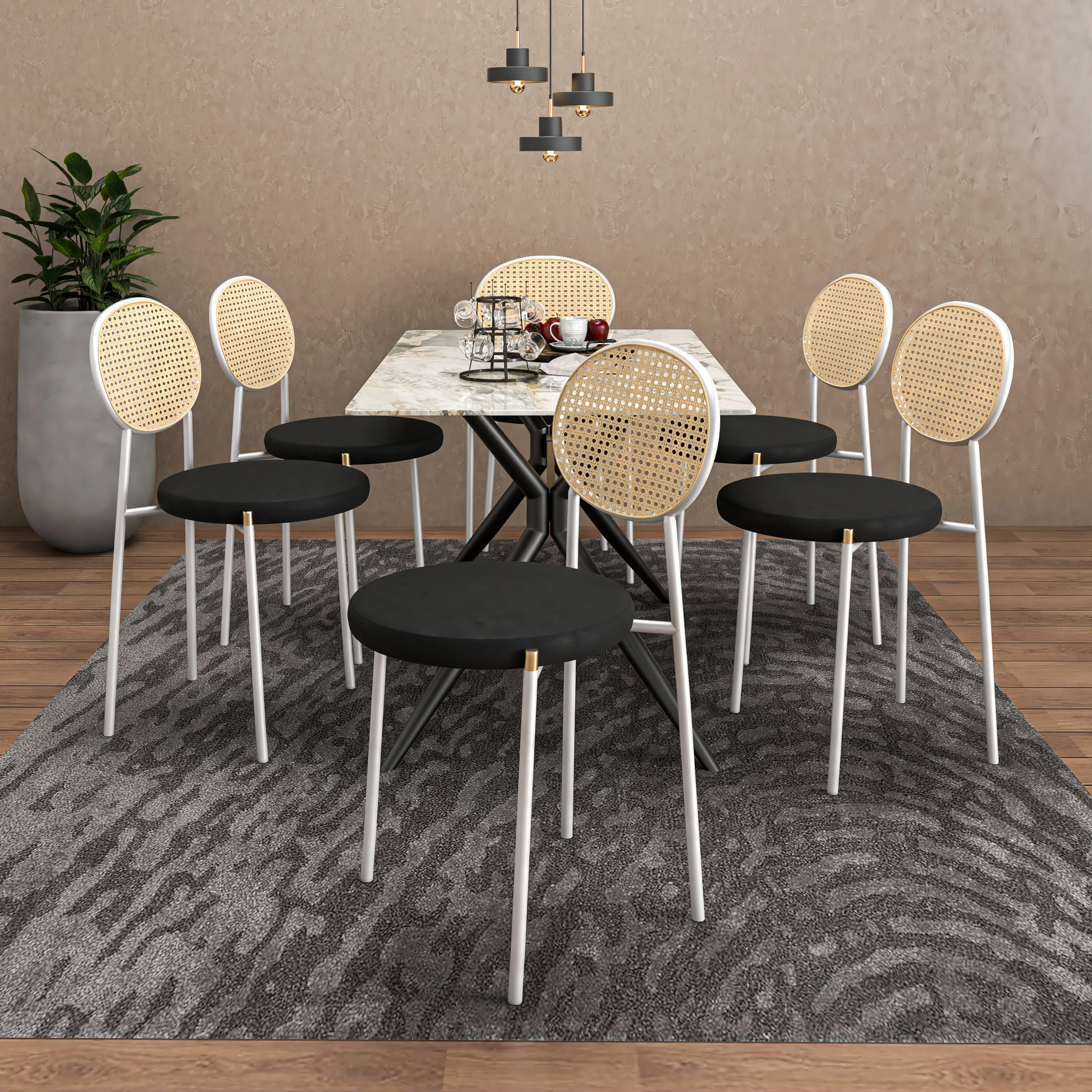 7-Piece Dining Set with Rectangular Sintered Stone Dining Table and 6 Velvet Dining Side Chairs with Wicker Back