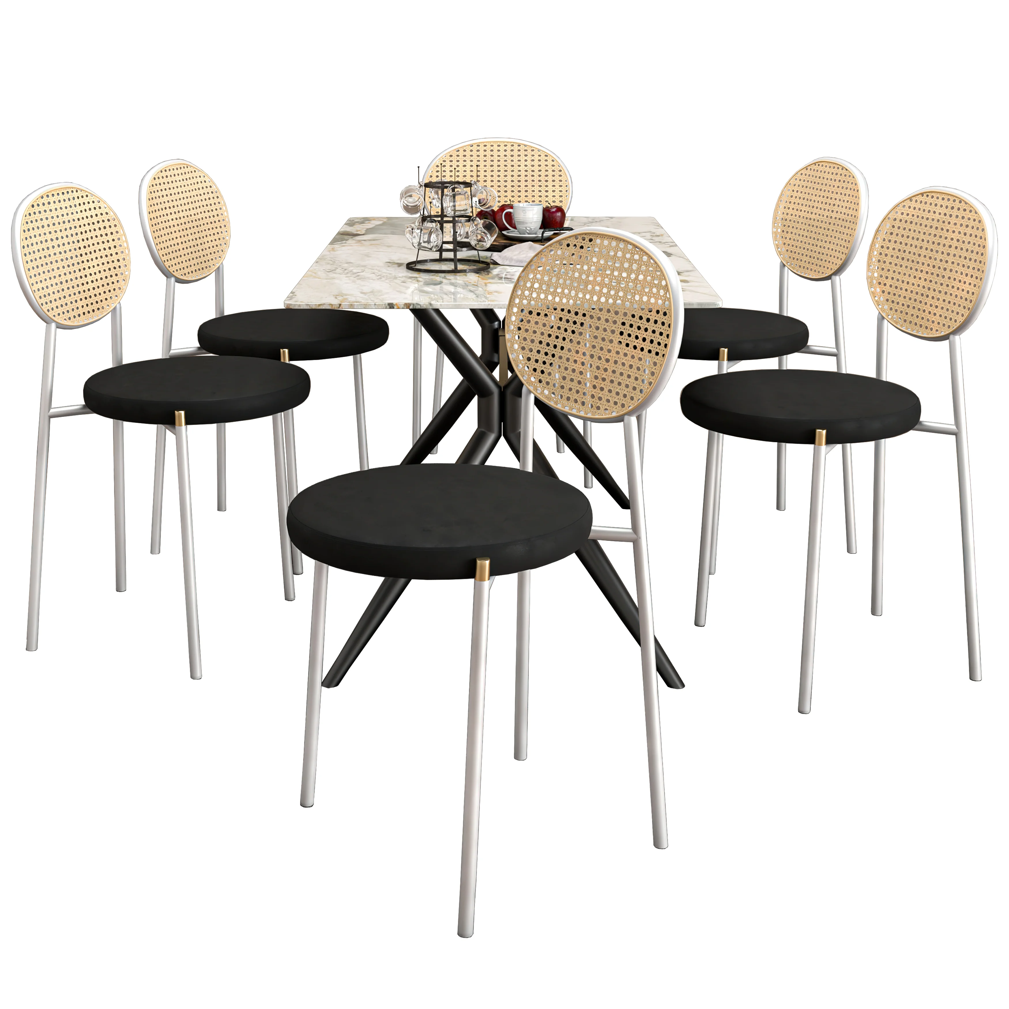 7-Piece Dining Set with Rectangular Sintered Stone Dining Table and 6 Velvet Dining Side Chairs with Wicker Back