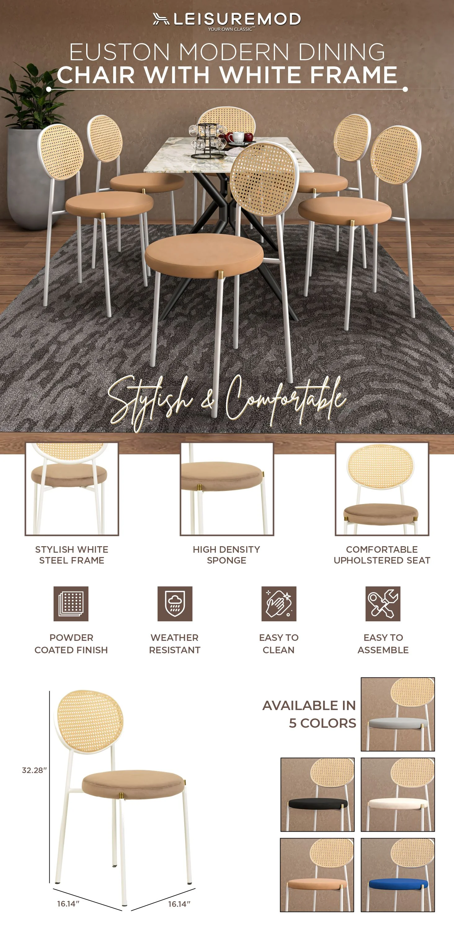 Euston Collection Modern Dining Chair White Frame In Brown - Set of 2