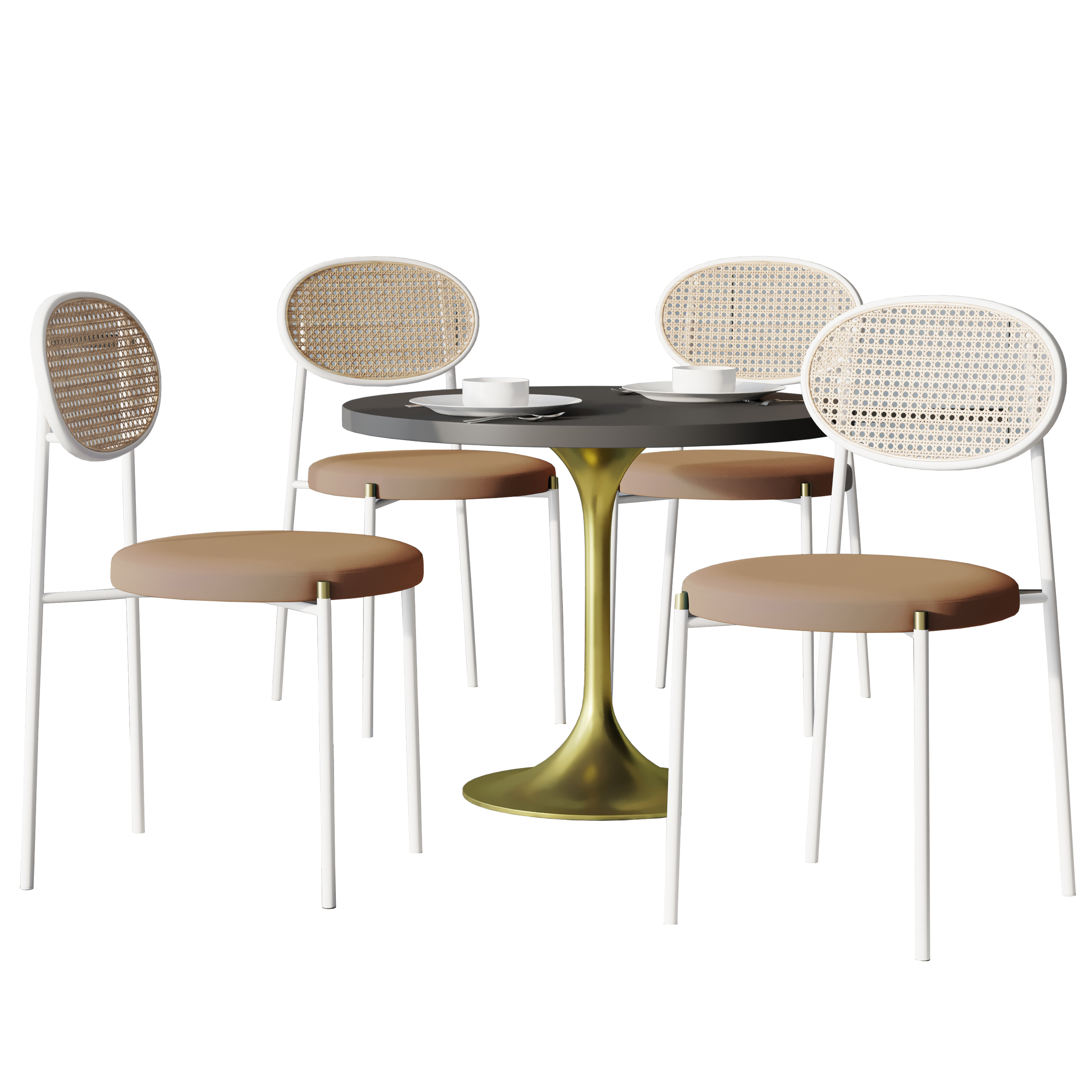 5-Piece Dining Set with 36" Round Dining Table Black MDF Top and Gold Base with 4 Velvet Dining Chairs in White Steel Legs in Brown