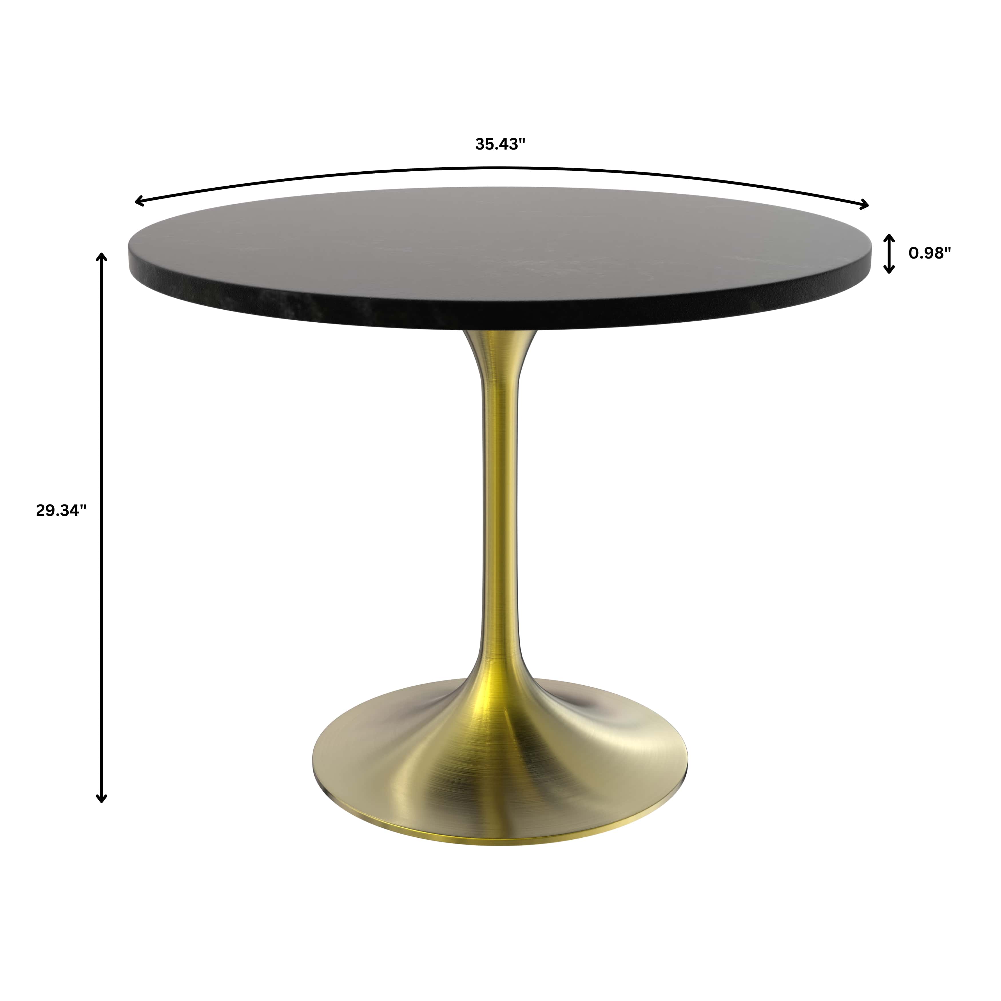 5-Piece Dining Set with 36" Round Dining Table Black MDF Top and Gold Base with 4 Velvet Dining Chairs in White Steel Legs in Brown
