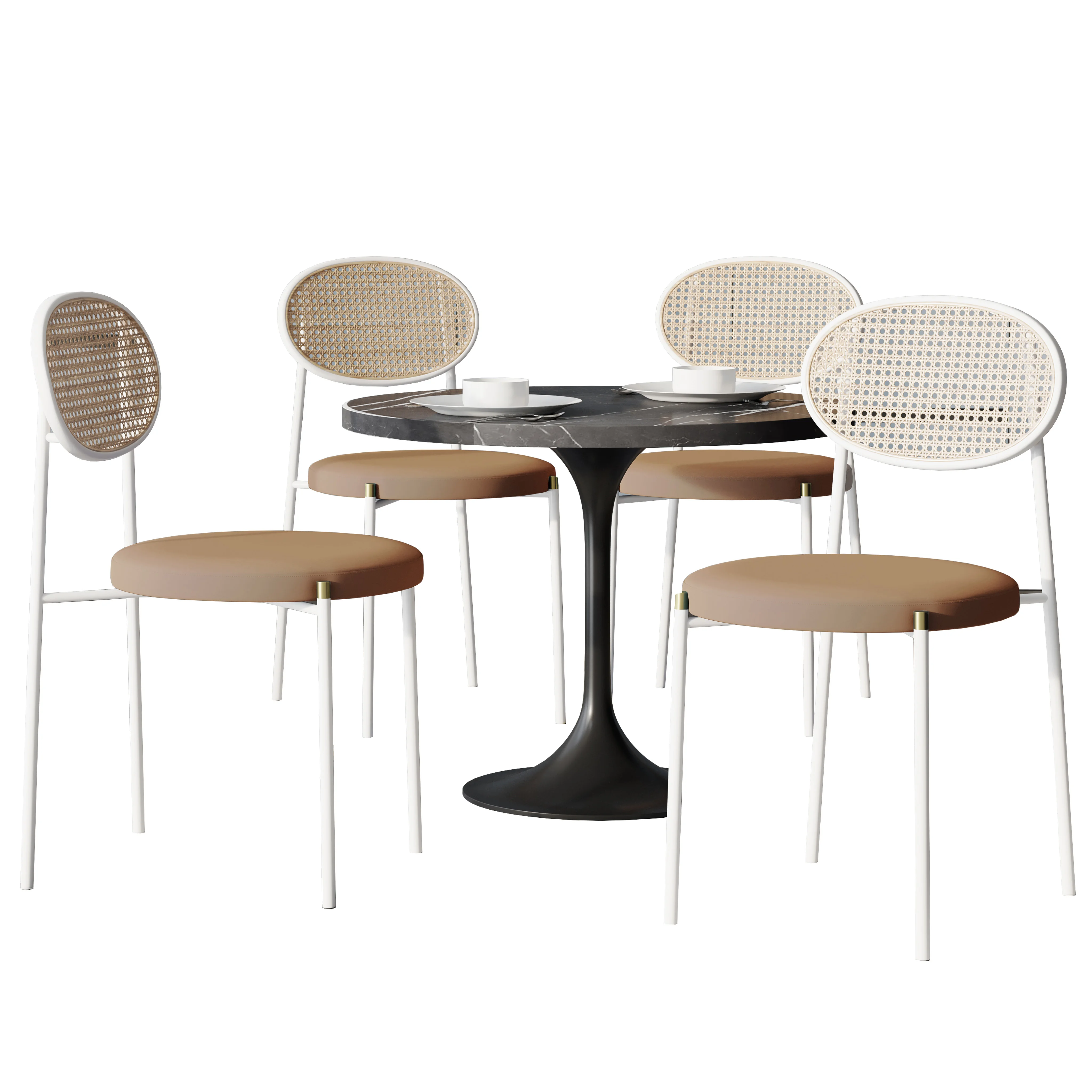 5-Piece Dining Set with 36" Round Dining Table Black Sintered Stone Top and Black Pedestal with 4 Velvet Dining Chairs in White Steel Legs in Brown