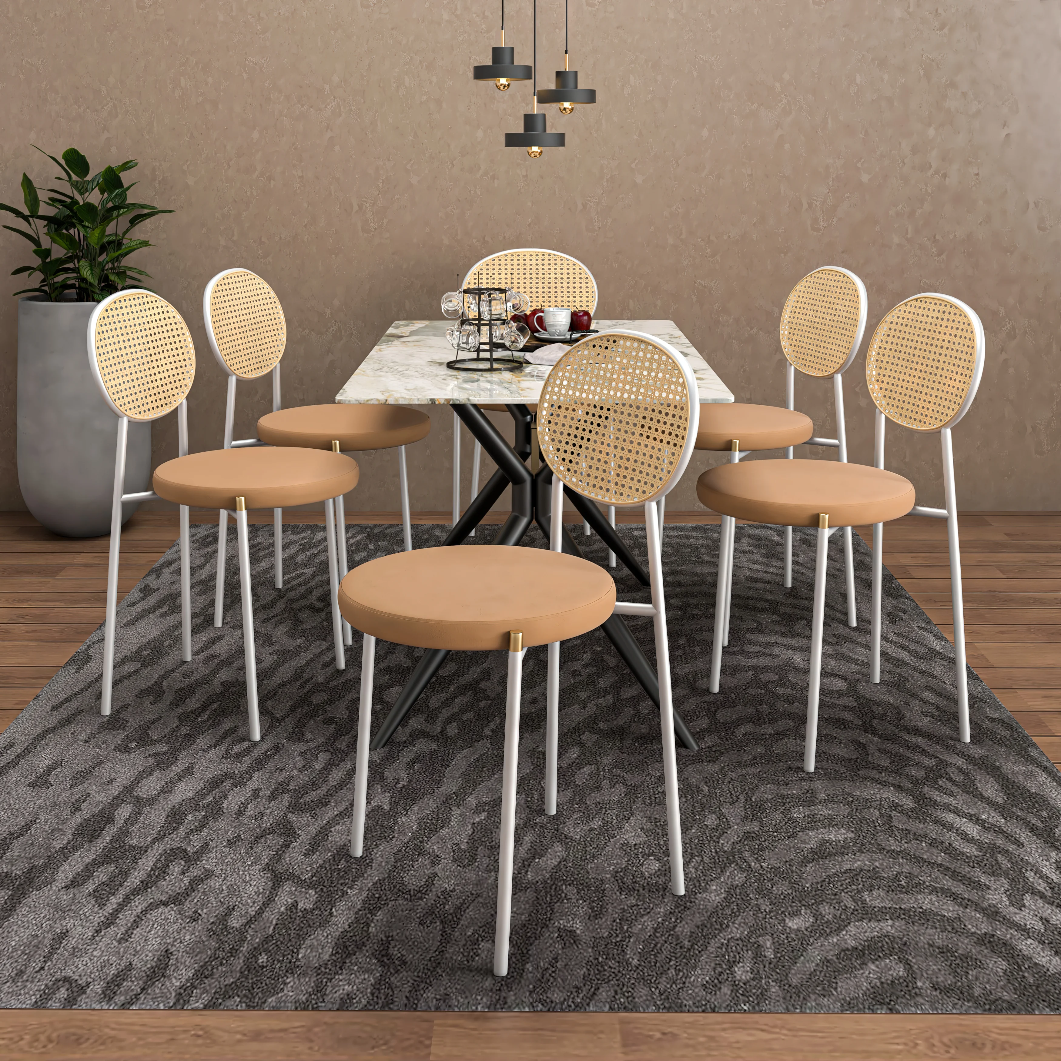 7-Piece Dining Set with Rectangular Sintered Stone Dining Table and 6 Velvet Dining Side Chairs with Wicker Back