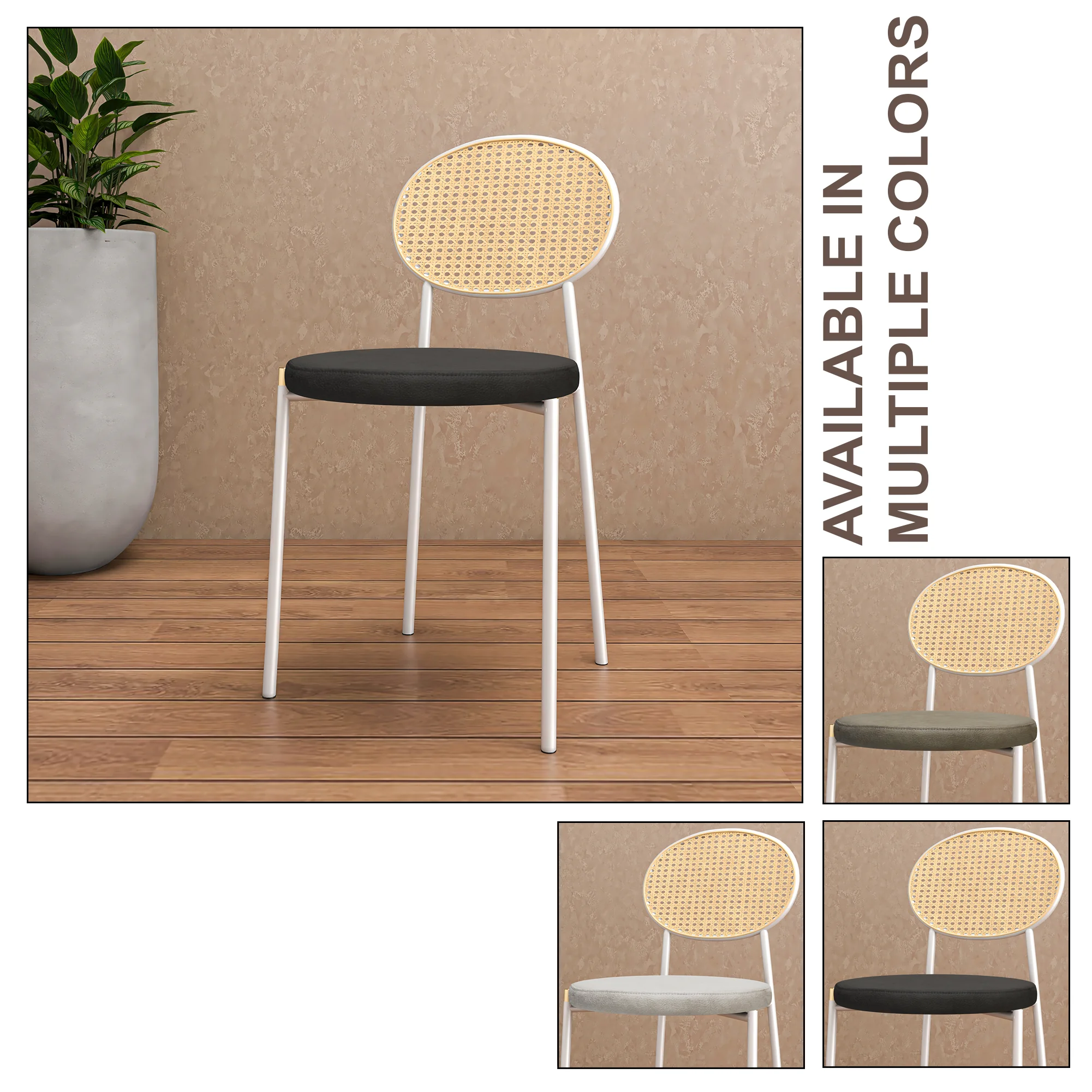 Euston Modern Wicker Dining Chair with White Frame and Leather Seat in Charcoal
