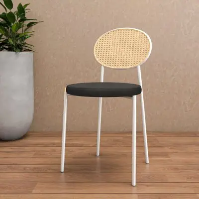 Euston Modern Wicker Dining Chair with White Frame and Leather Seat in Charcoal
