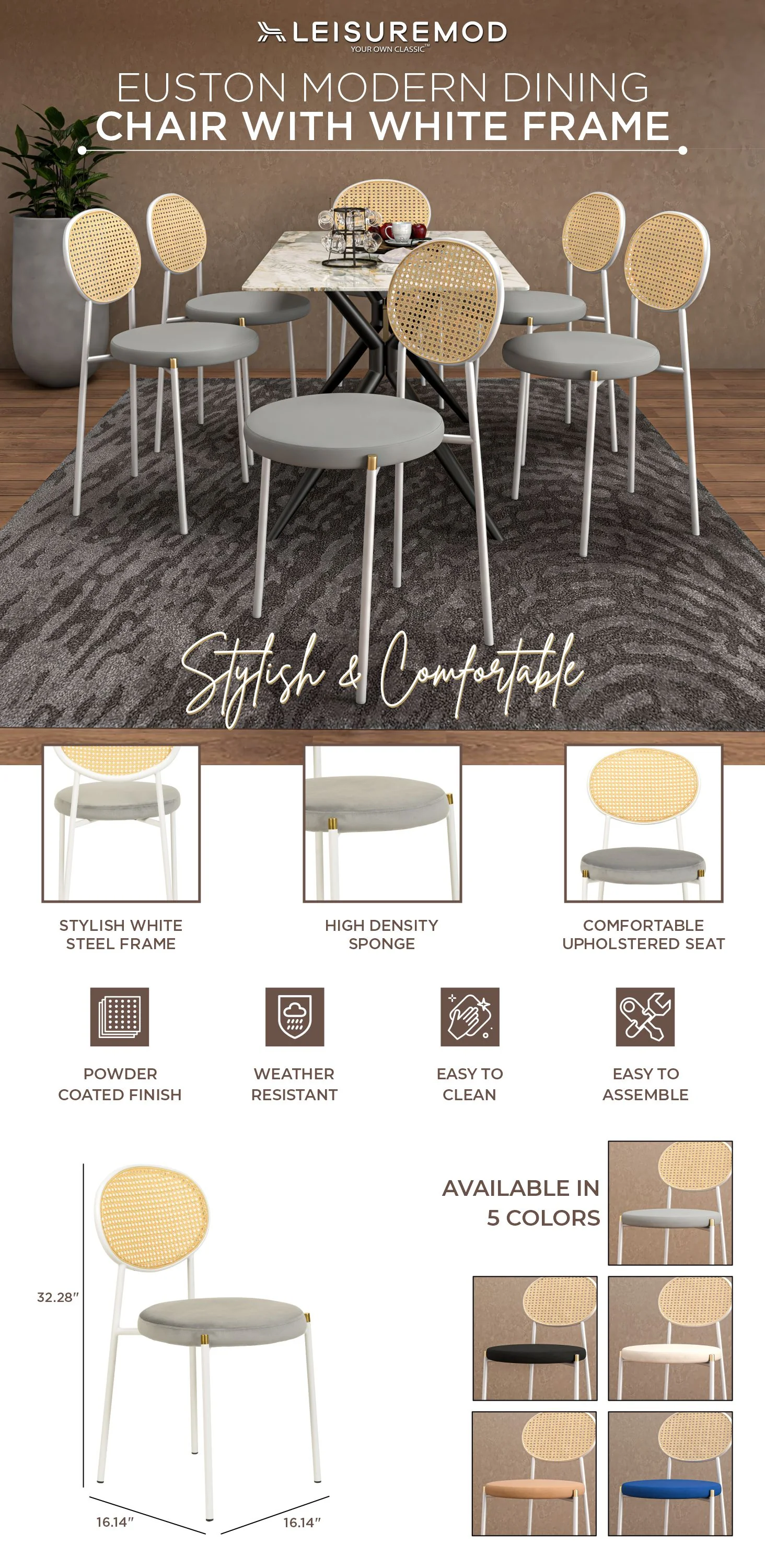 Euston Collection Modern Dining Chair White Frame In Grey