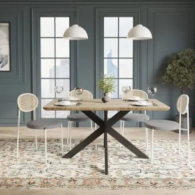 5-Piece Dining Set with 63" Rectangular Dining Table in Maple with 4 Velvet Dining Chairs in White Steel Legs in Grey