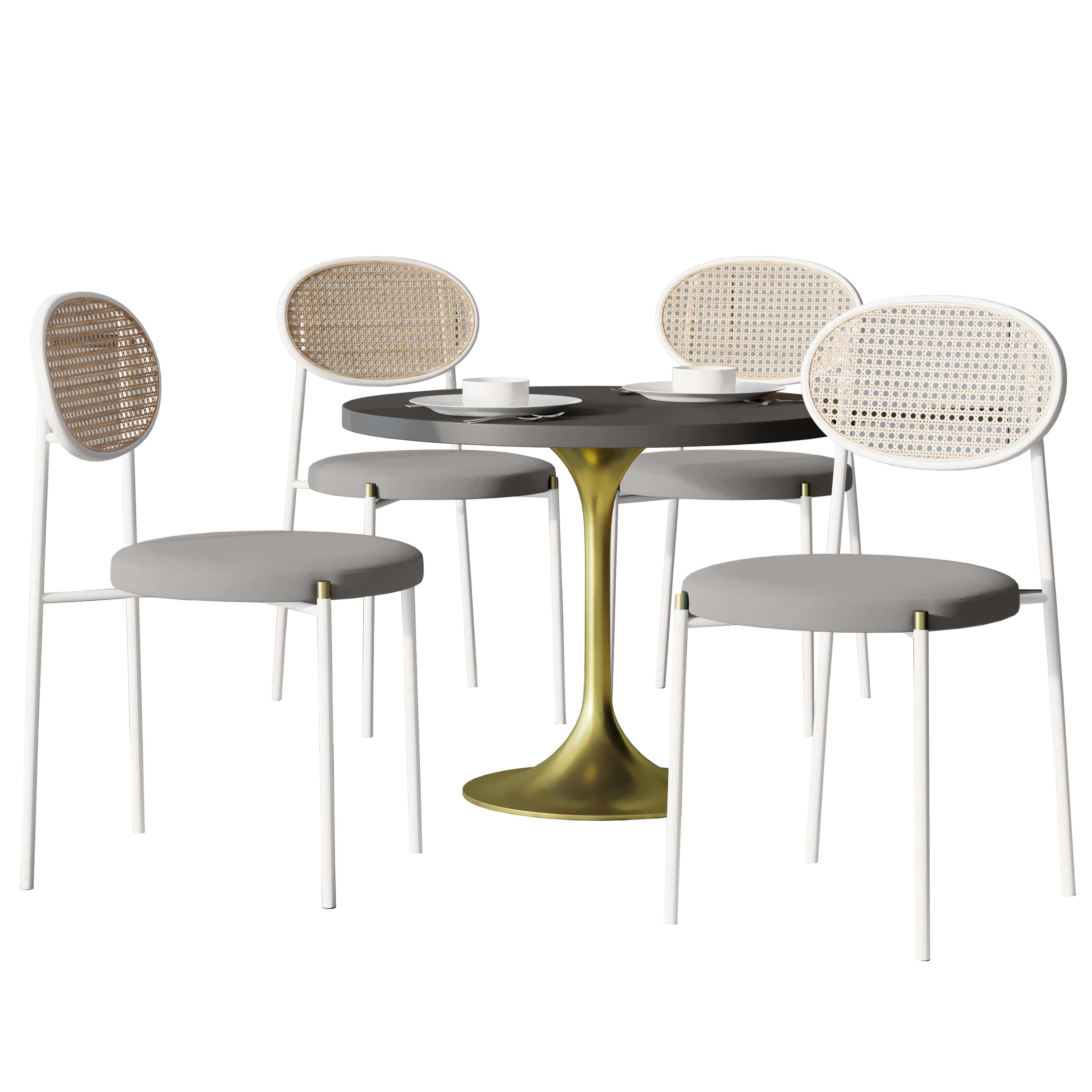 5-Piece Dining Set with 36" Round Dining Table Black MDF Top and Gold Base with 4 Velvet Dining Chairs in White Steel Legs in Grey