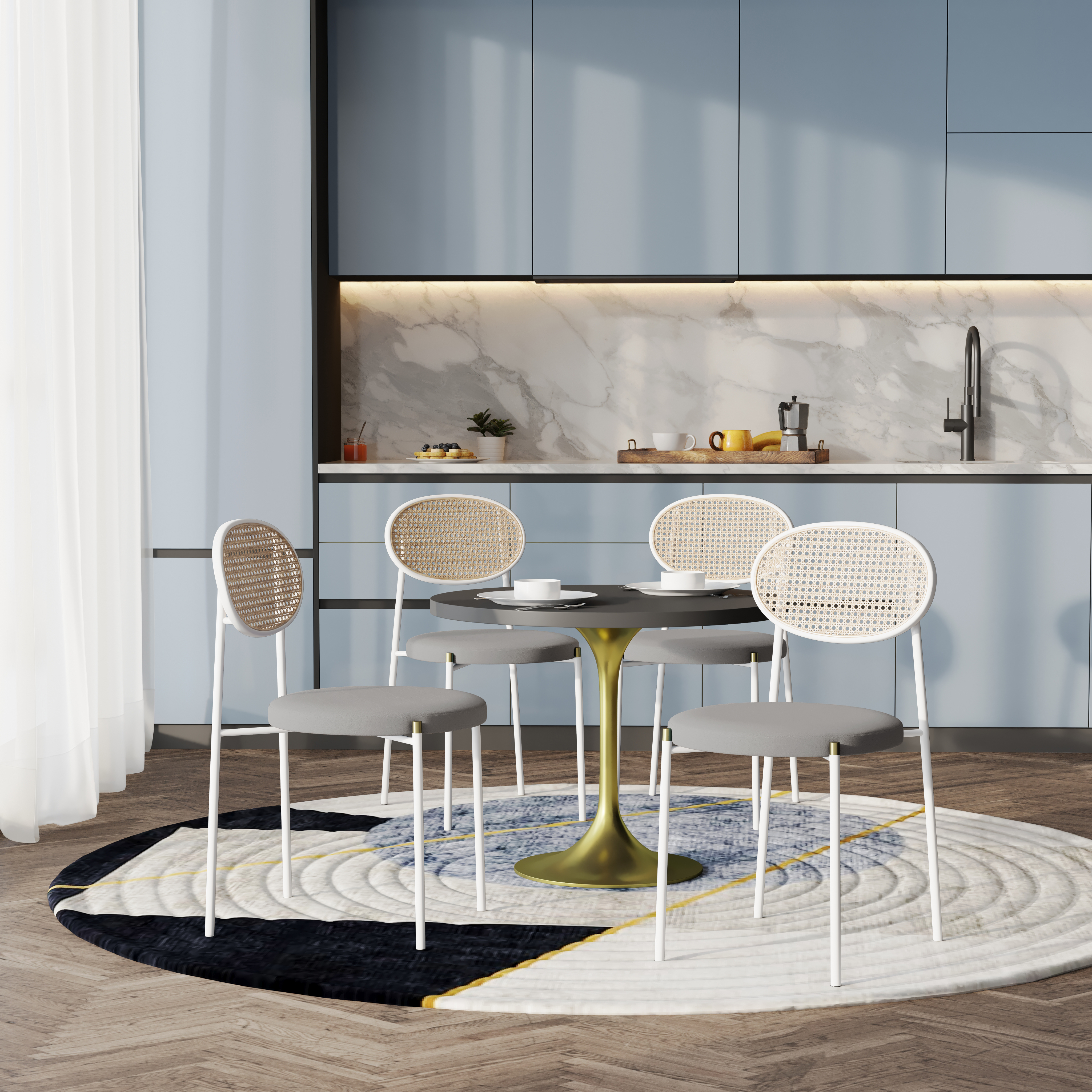 5-Piece Dining Set with 36" Round Dining Table Black MDF Top and Gold Base with 4 Velvet Dining Chairs in White Steel Legs in Grey