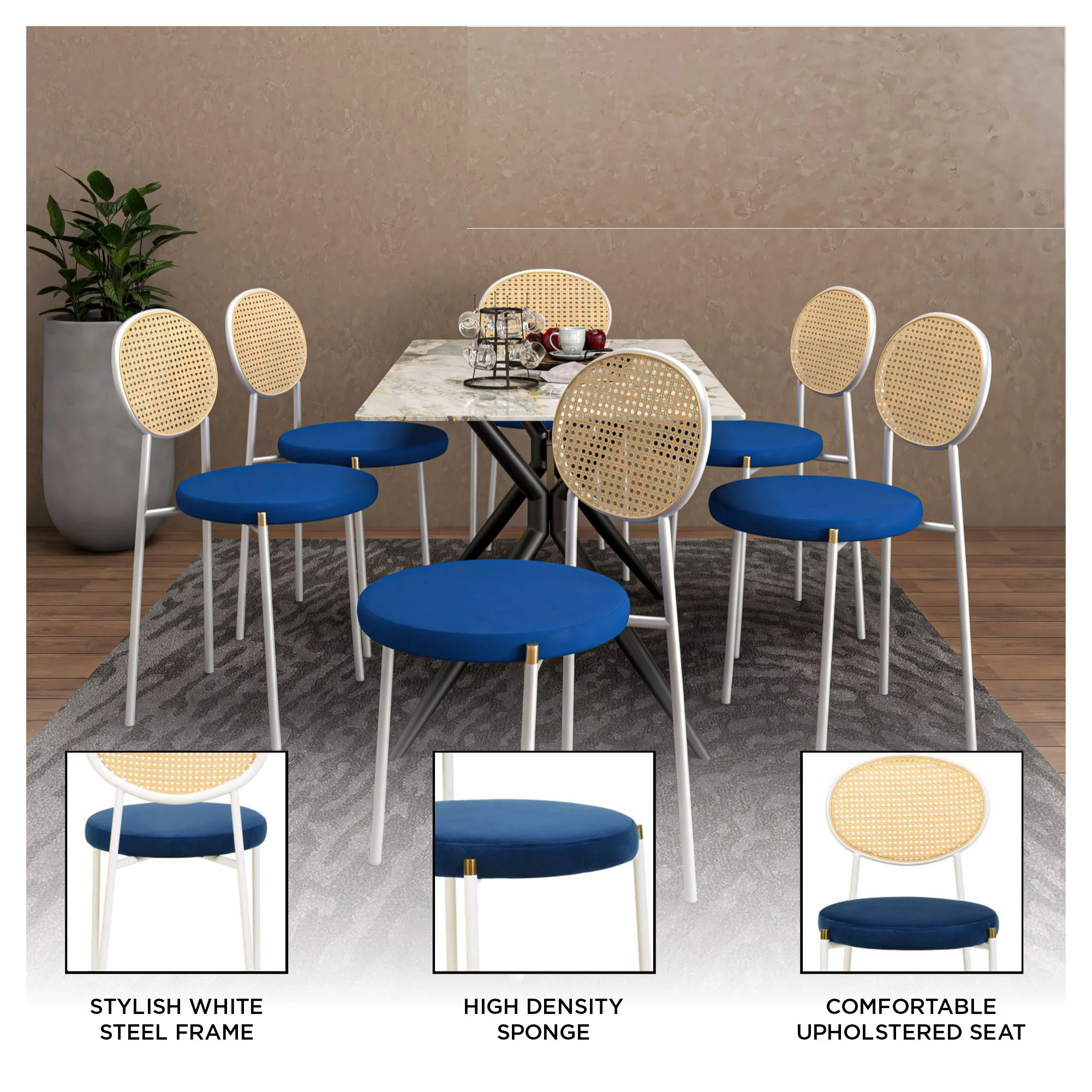 Euston Collection Modern Dining Chair White Frame In Blue - Set of 2
