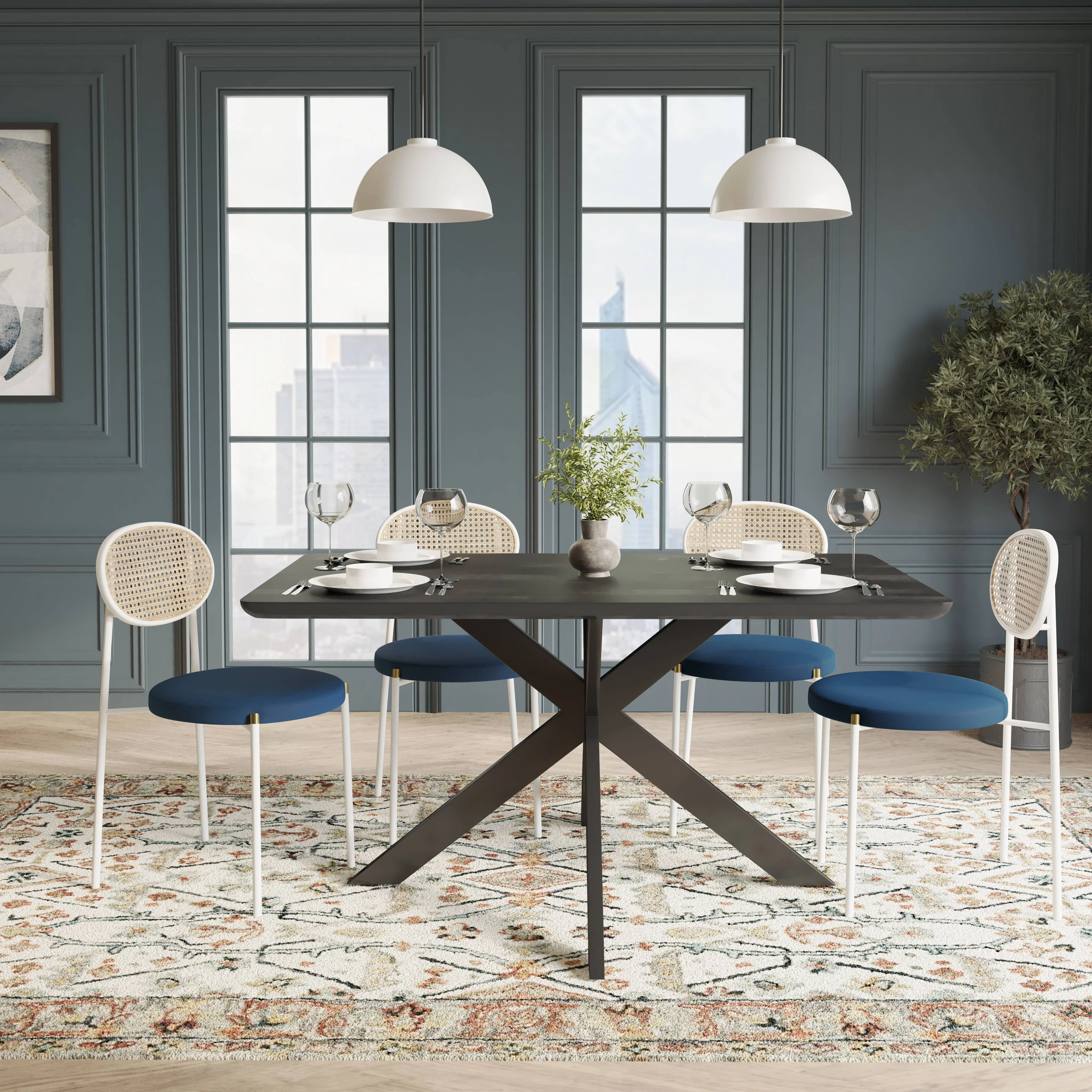5-Piece Dining Set with 63" Rectangular Dining Table in Ebony with 4 Velvet Dining Chairs in White Steel Legs in Navy Blue