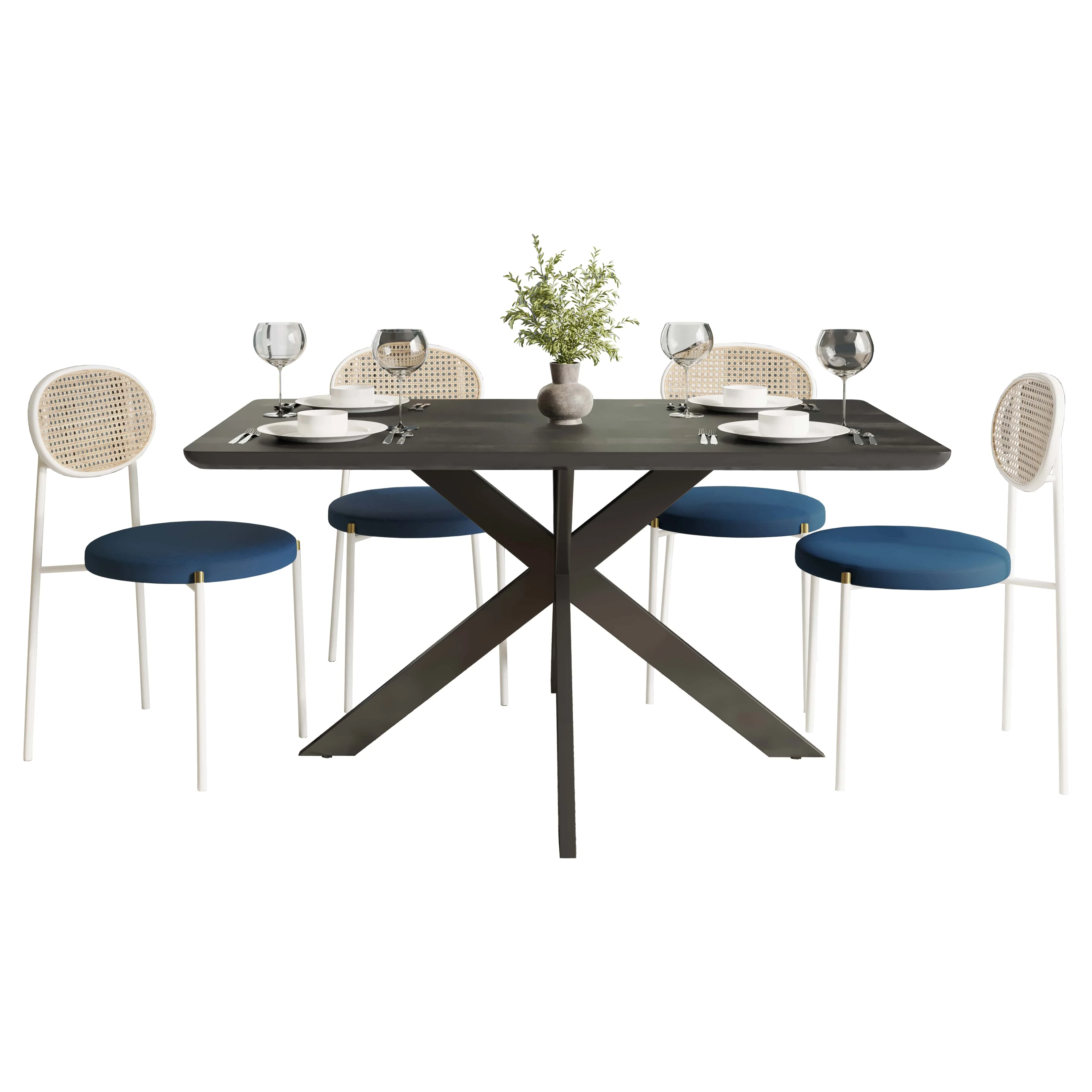 5-Piece Dining Set with 63" Rectangular Dining Table in Ebony with 4 Velvet Dining Chairs in White Steel Legs in Navy Blue