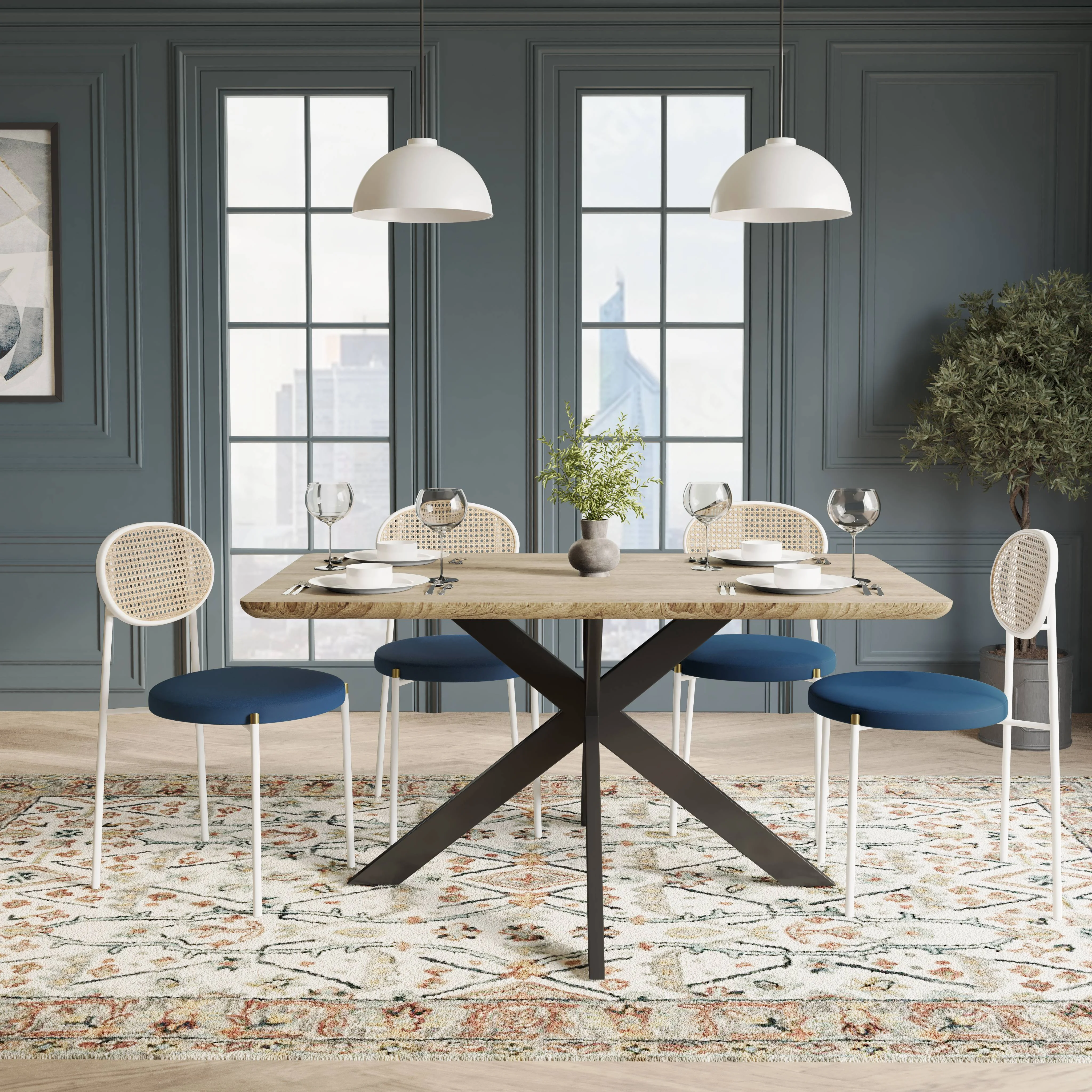 5-Piece Dining Set with 63" Rectangular Dining Table in Maple with 4 Velvet Dining Chairs in White Steel Legs in Navy Blue