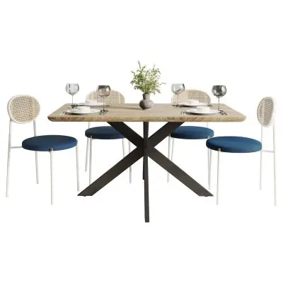 5-Piece Dining Set with 63" Rectangular Dining Table in Maple with 4 Velvet Dining Chairs in White Steel Legs in Navy Blue