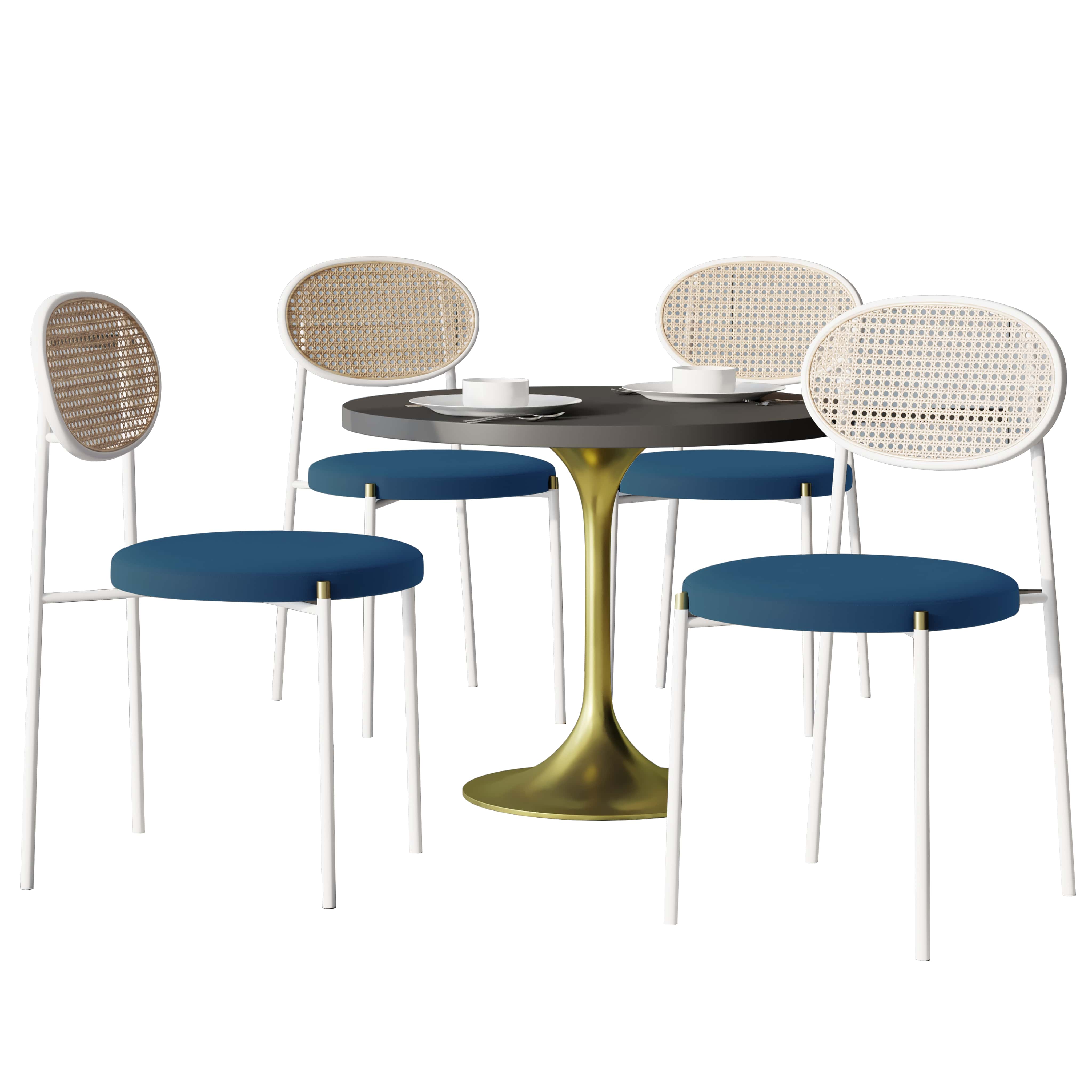 5-Piece Dining Set with 36" Round Dining Table Black MDF Top and Gold Base with 4 Velvet Dining Chairs in White Steel Legs in Navy Blue
