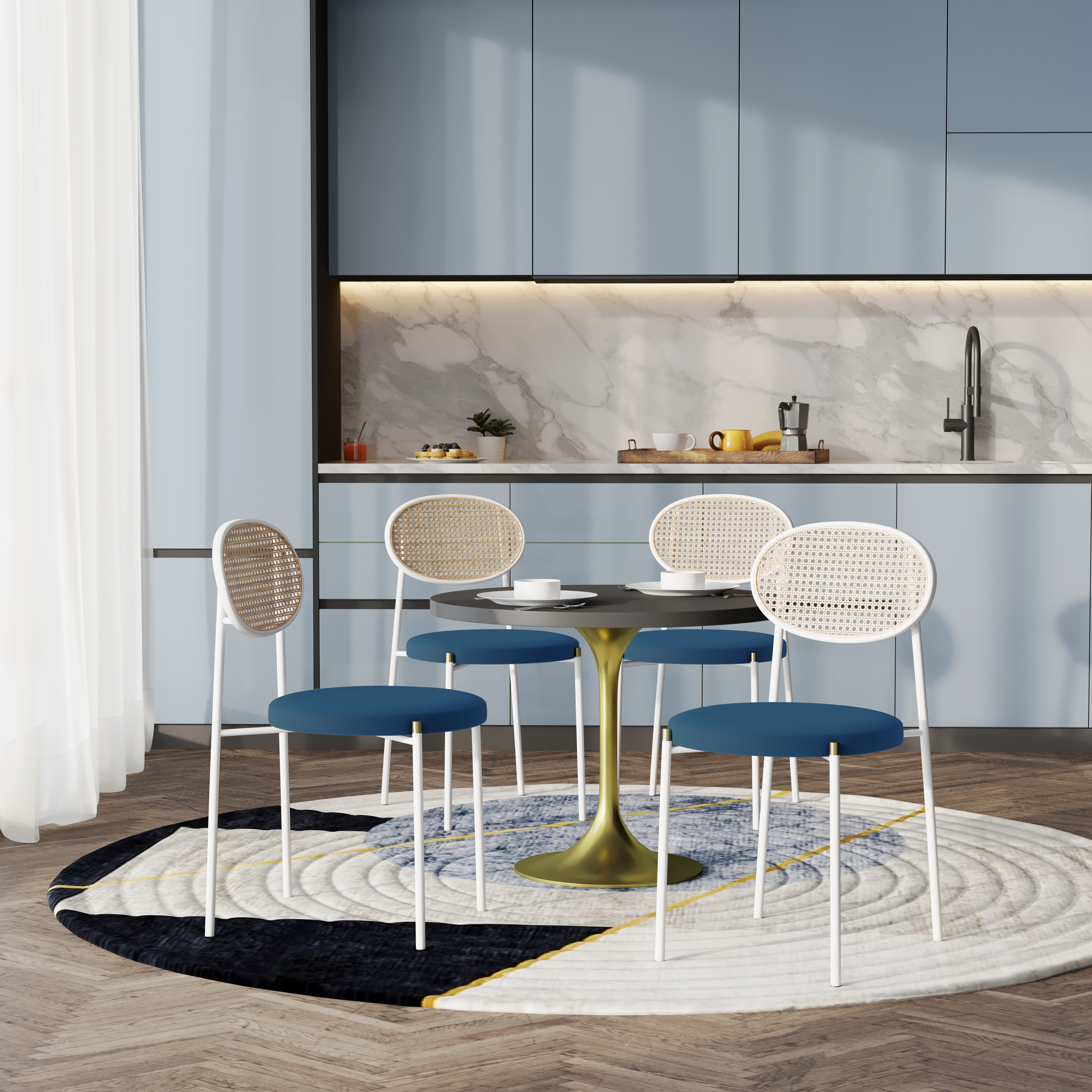 5-Piece Dining Set with 36" Round Dining Table Black MDF Top and Gold Base with 4 Velvet Dining Chairs in White Steel Legs in Navy Blue