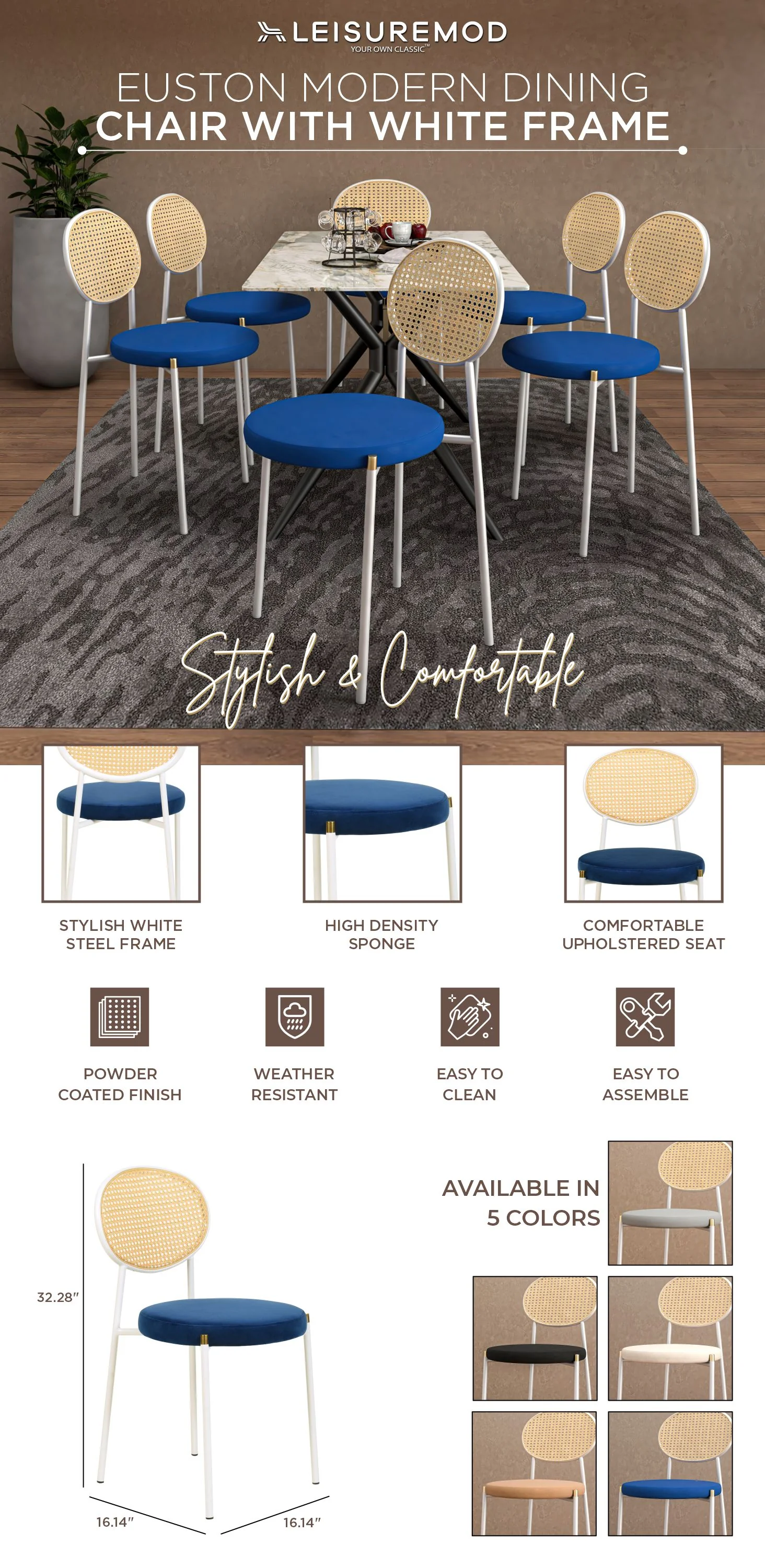 Euston Collection Modern Dining Chair White Frame In Blue - Set of 4