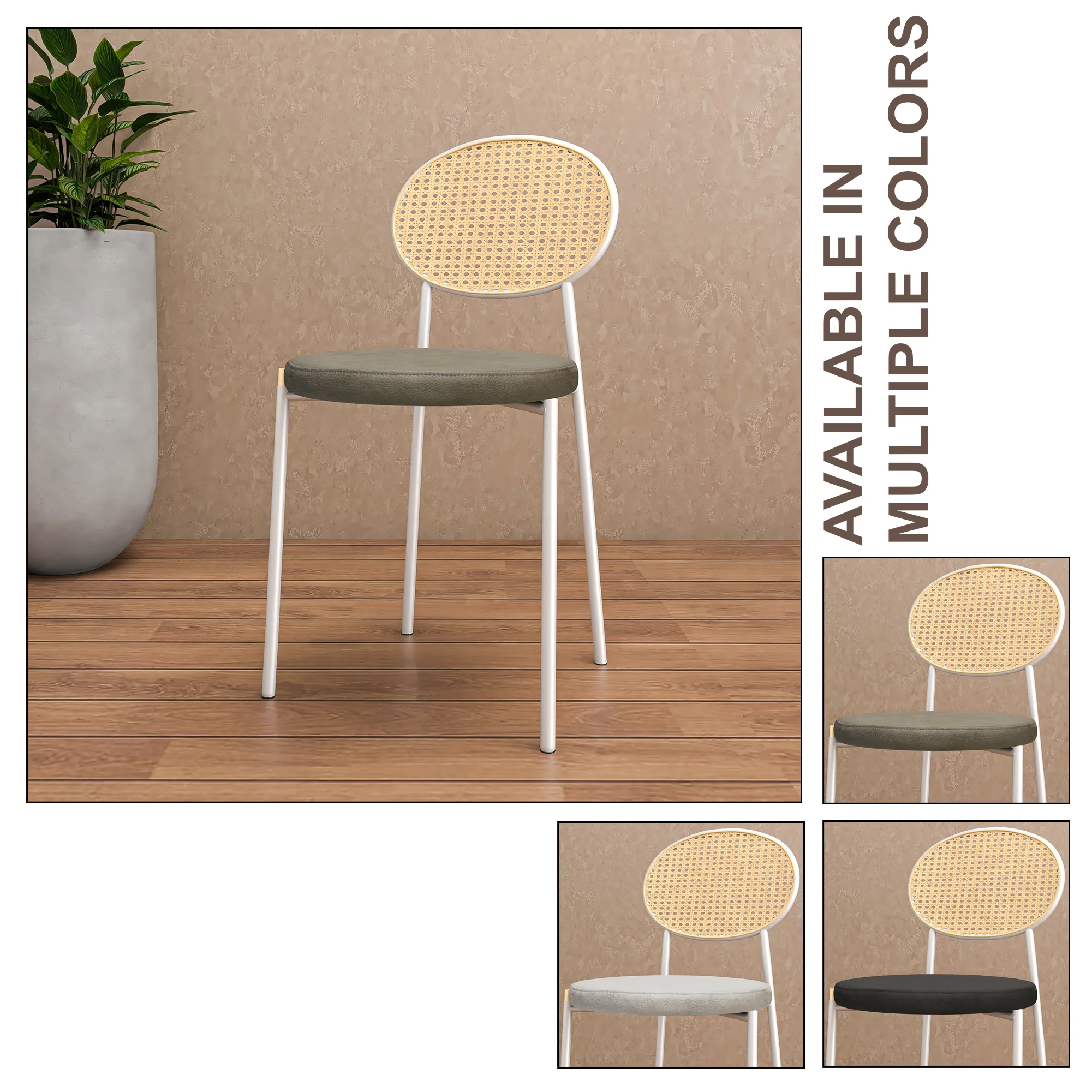 Euston Modern Wicker Dining Chair with White Frame and Leather Seat in Taupe