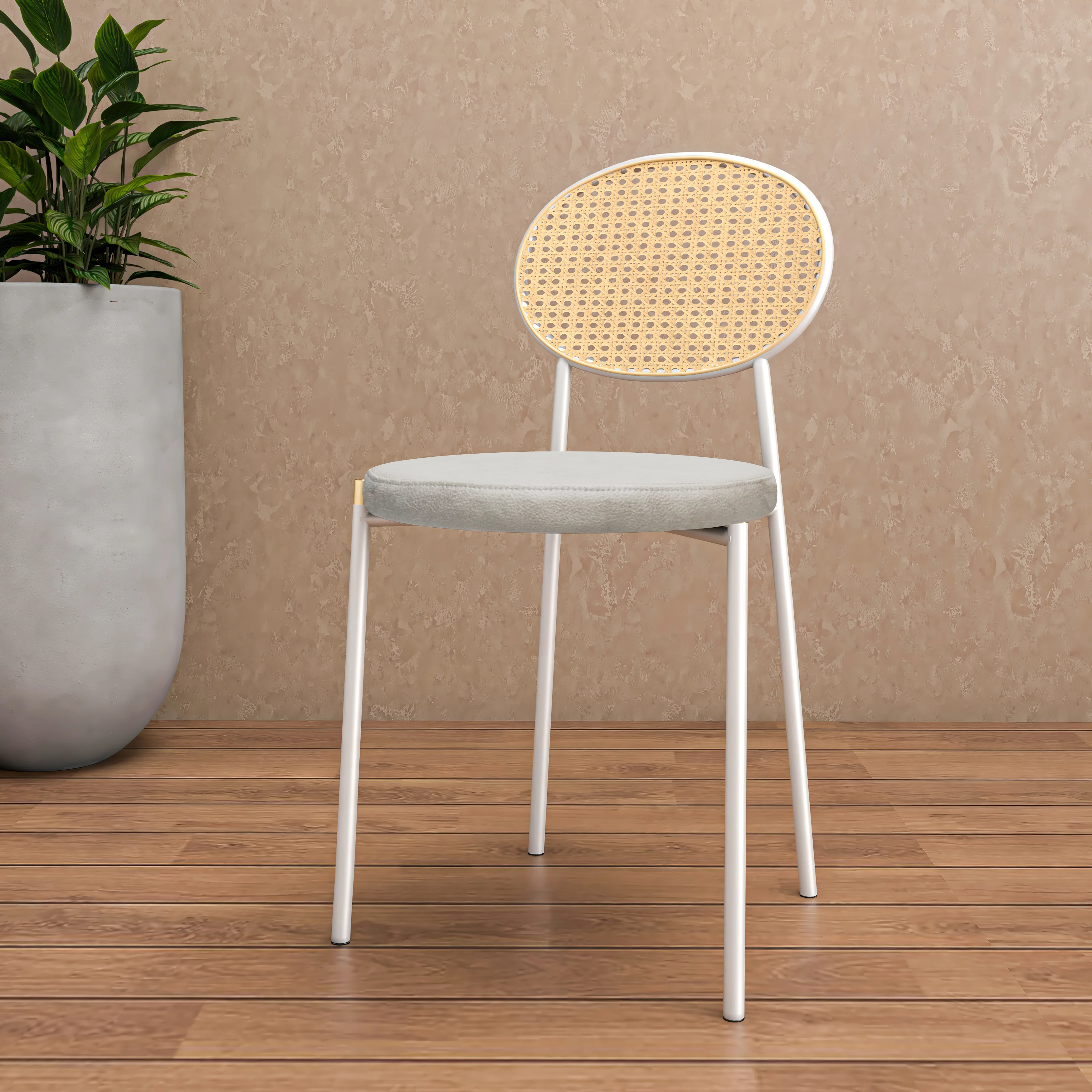 Euston Modern Wicker Dining Chair with White Frame and Leather Seat in White