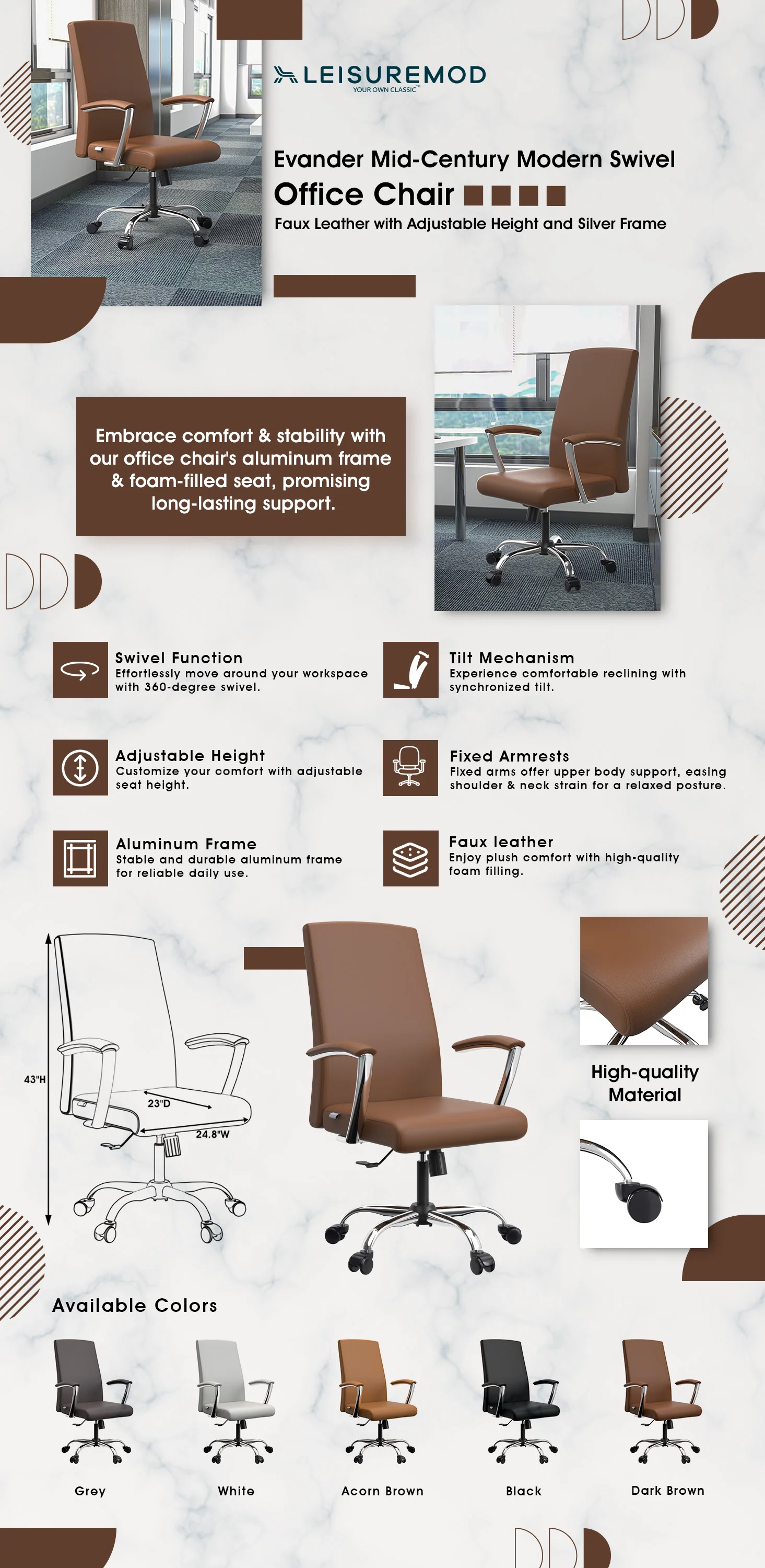 Evander Series Office Chair in Dark Brown Leather
