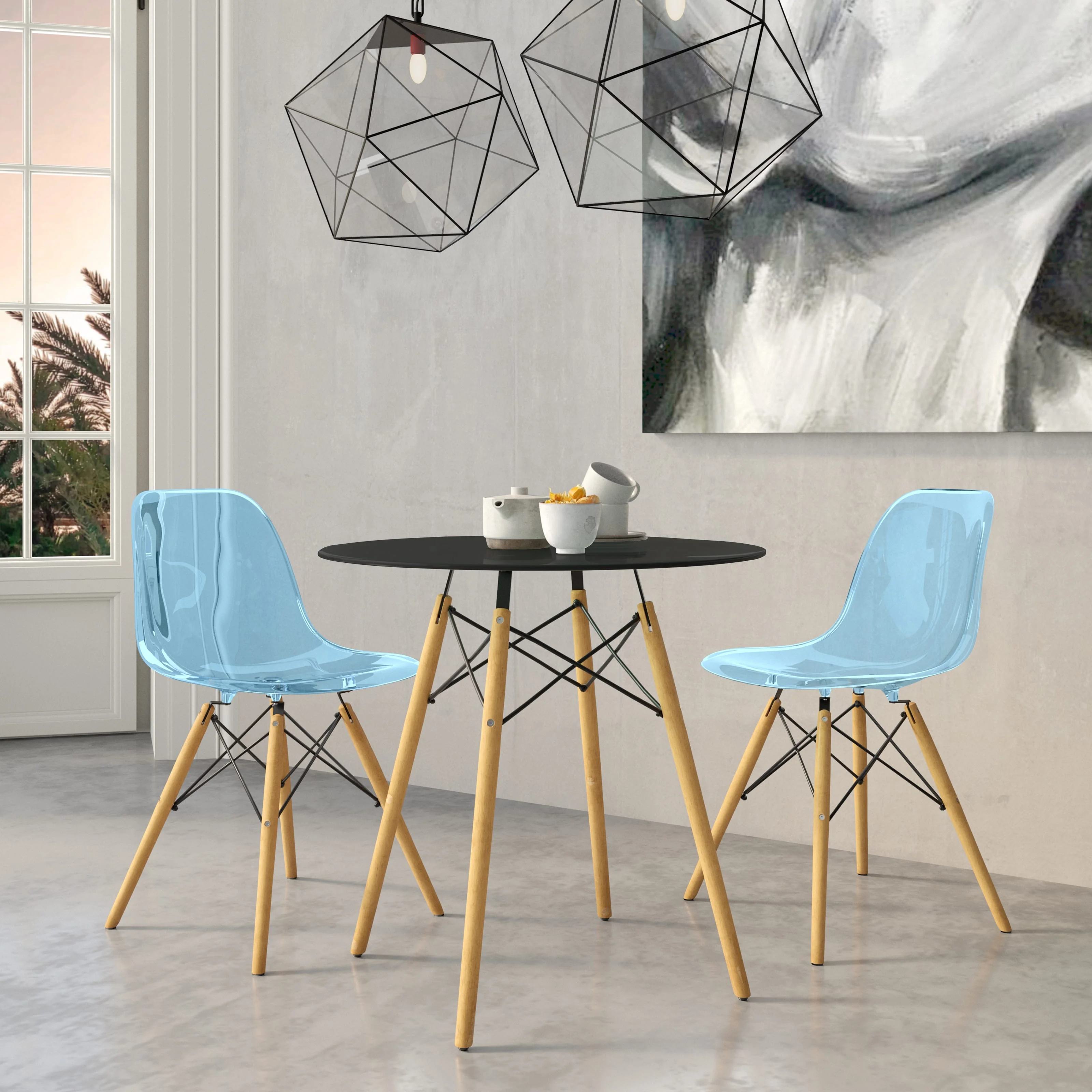 Dover 3-Piece Dining Set with Round Black MDF Top Bistro Table and 2 Plastic Chairs in Blue