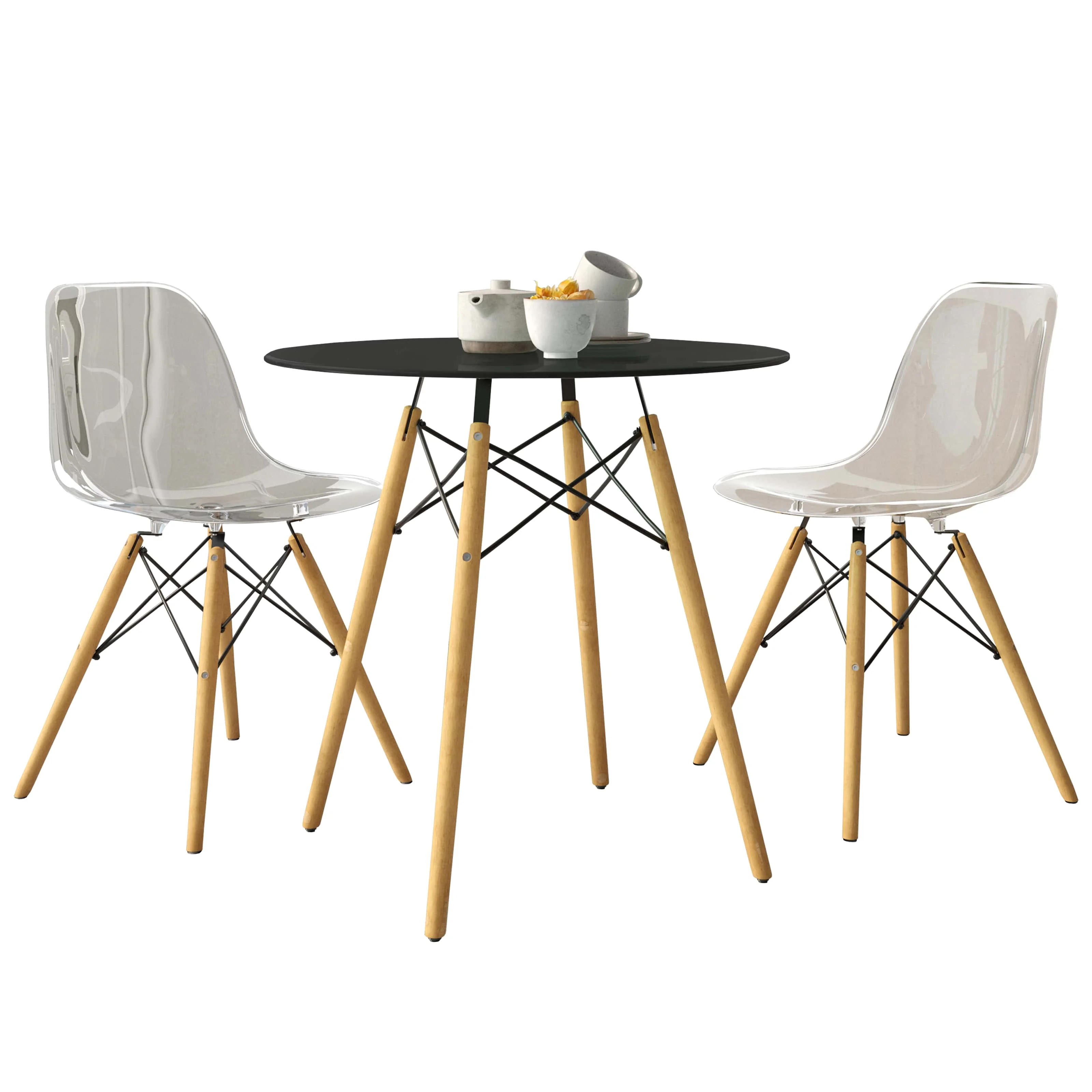Dover 3-Piece Dining Set with Round Black MDF Top Bistro Table and 2 Plastic Chairs in Clear