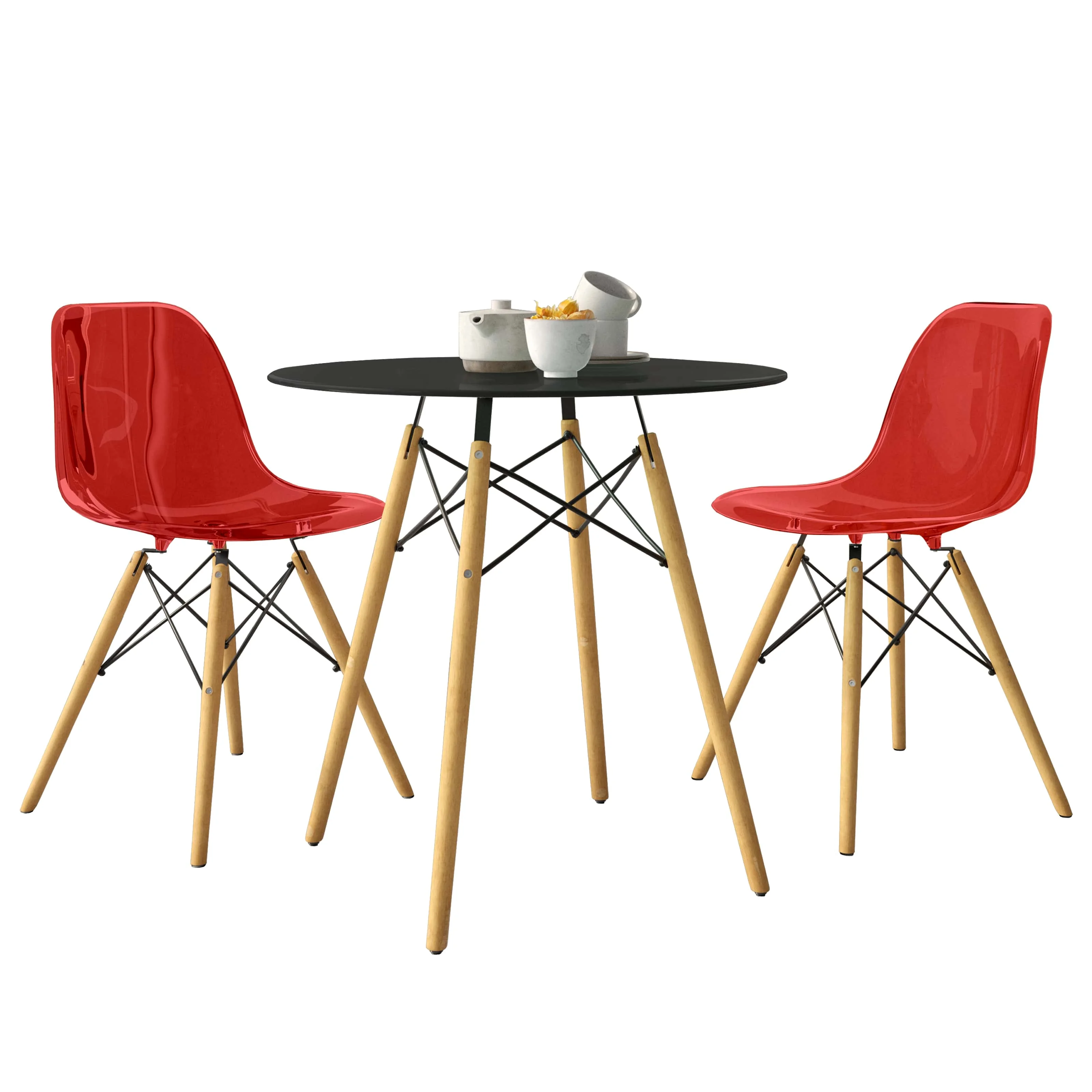 Dover 3-Piece Dining Set with Round Black MDF Top Bistro Table and 2 Plastic Chairs in Red