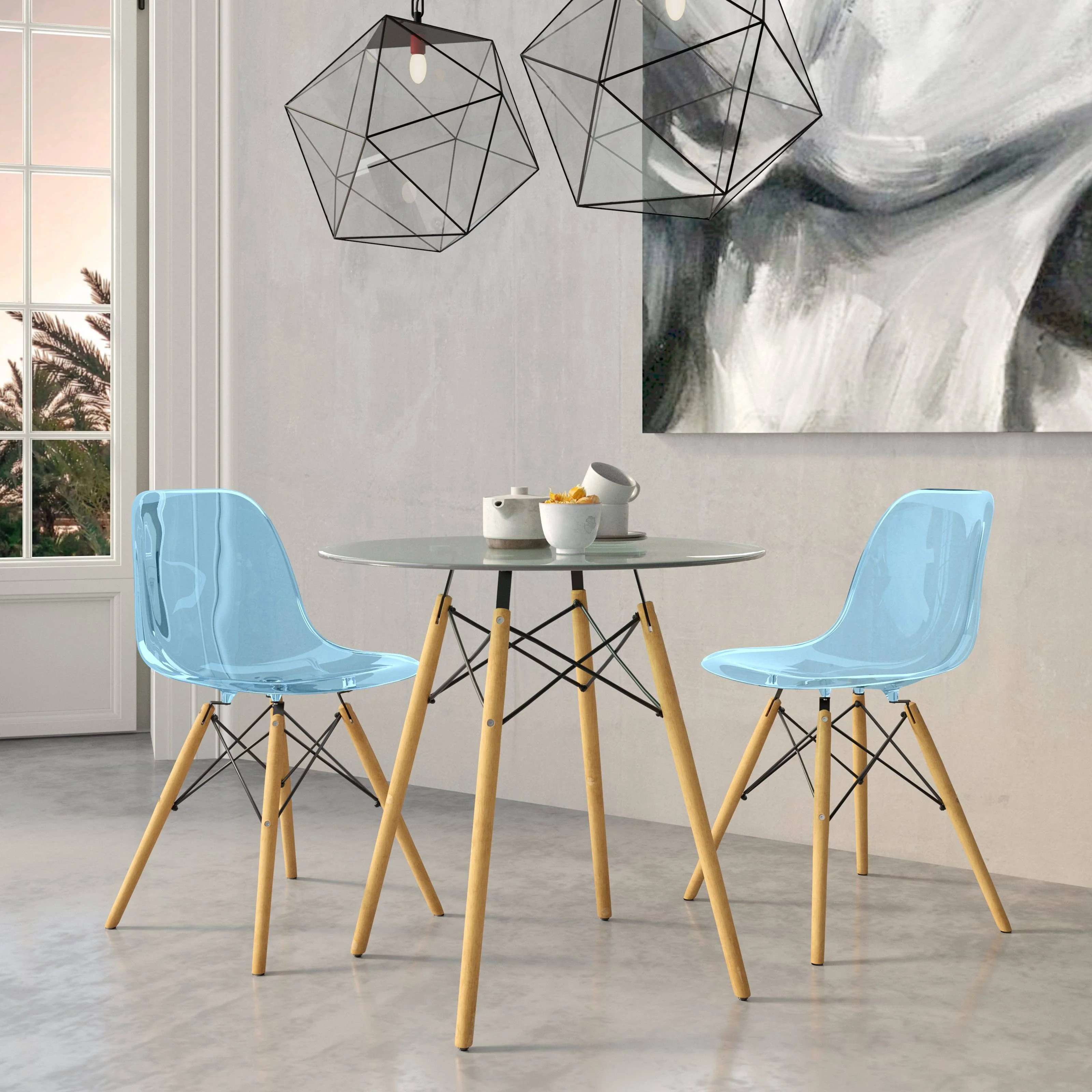 Dover 3-Piece Dining Set with Round Clear Glass Top Bistro Table and 2 Plastic Chairs in Blue