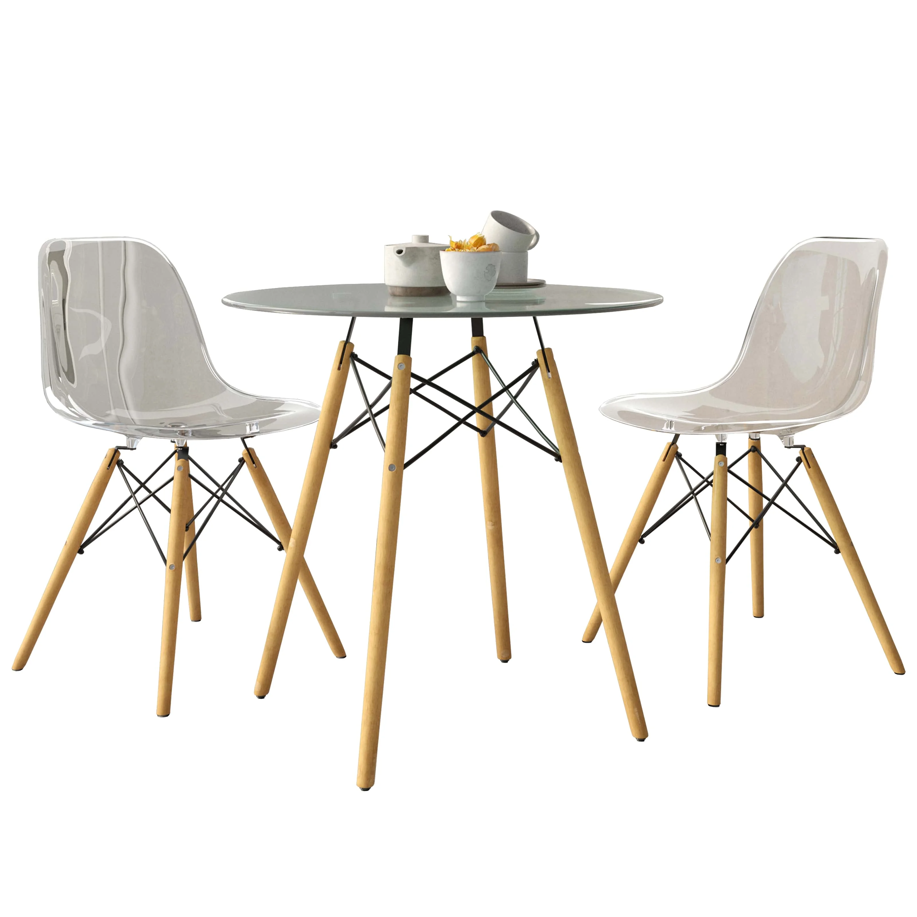 Dover 3-Piece Dining Set with Round Clear Glass Top Bistro Table and 2 Plastic Chairs in Clear