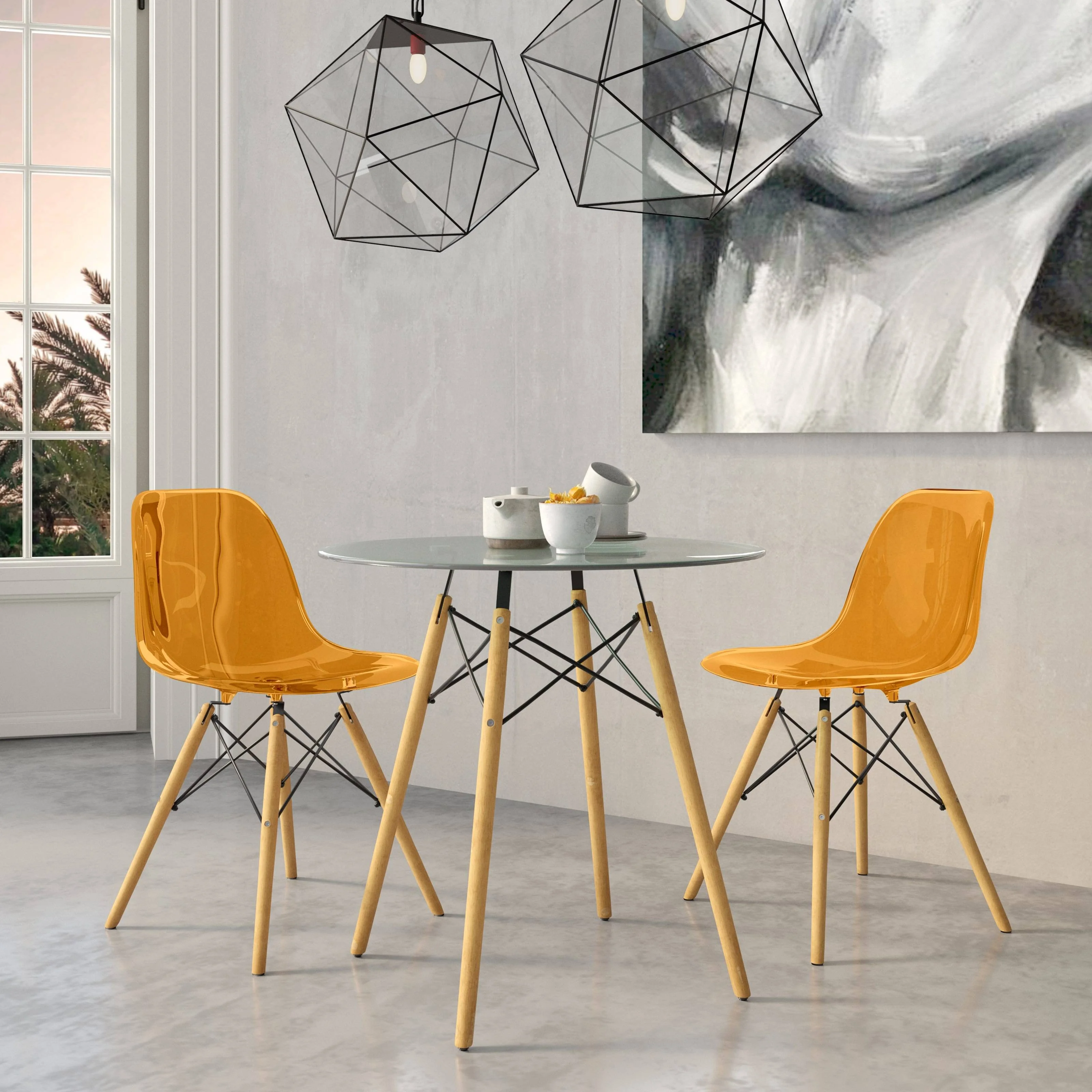 Dover 3-Piece Dining Set with Round Clear Glass Top Bistro Table and 2 Plastic Chairs in Orange