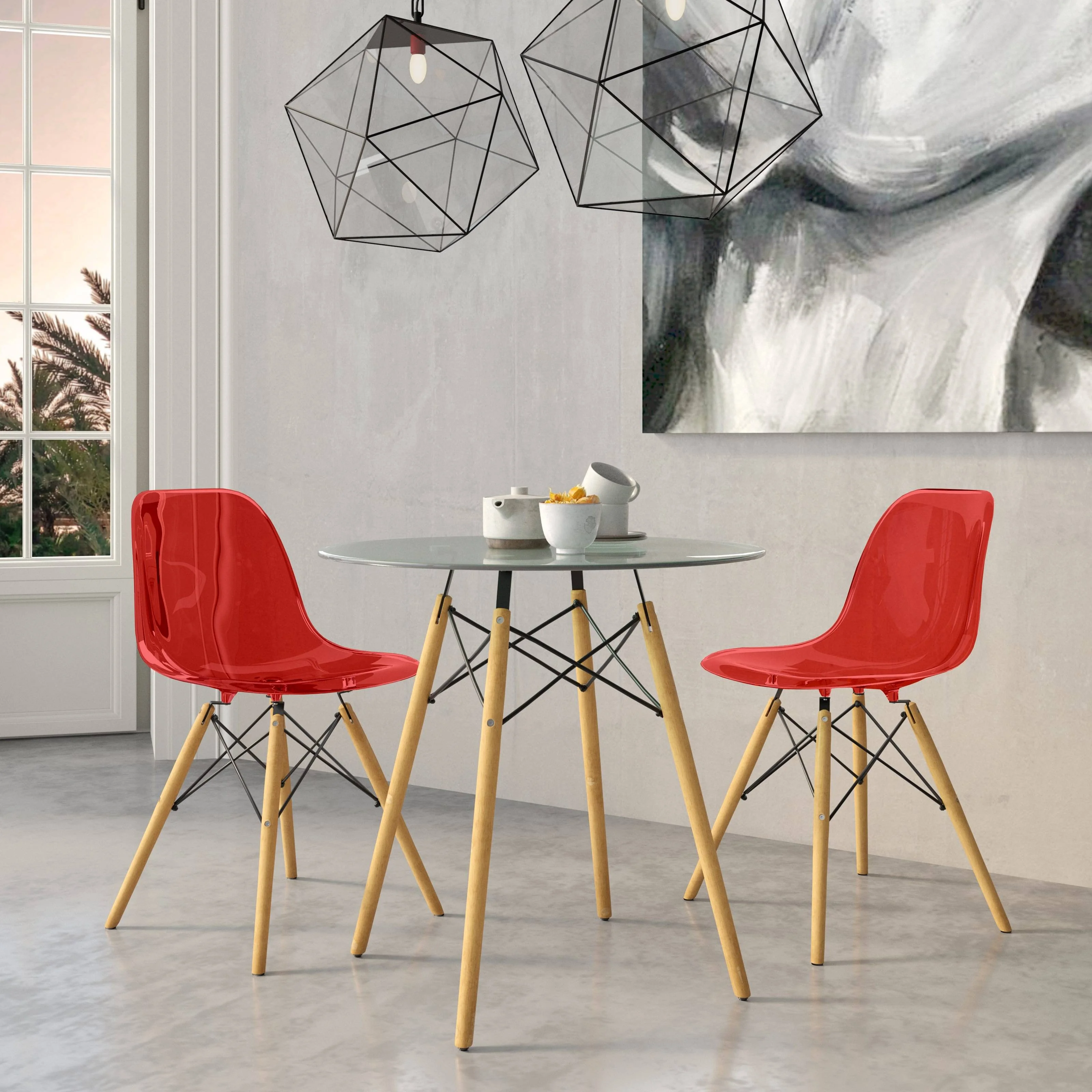 Dover 3-Piece Dining Set with Round Clear Glass Top Bistro Table and 2 Plastic Chairs in Red