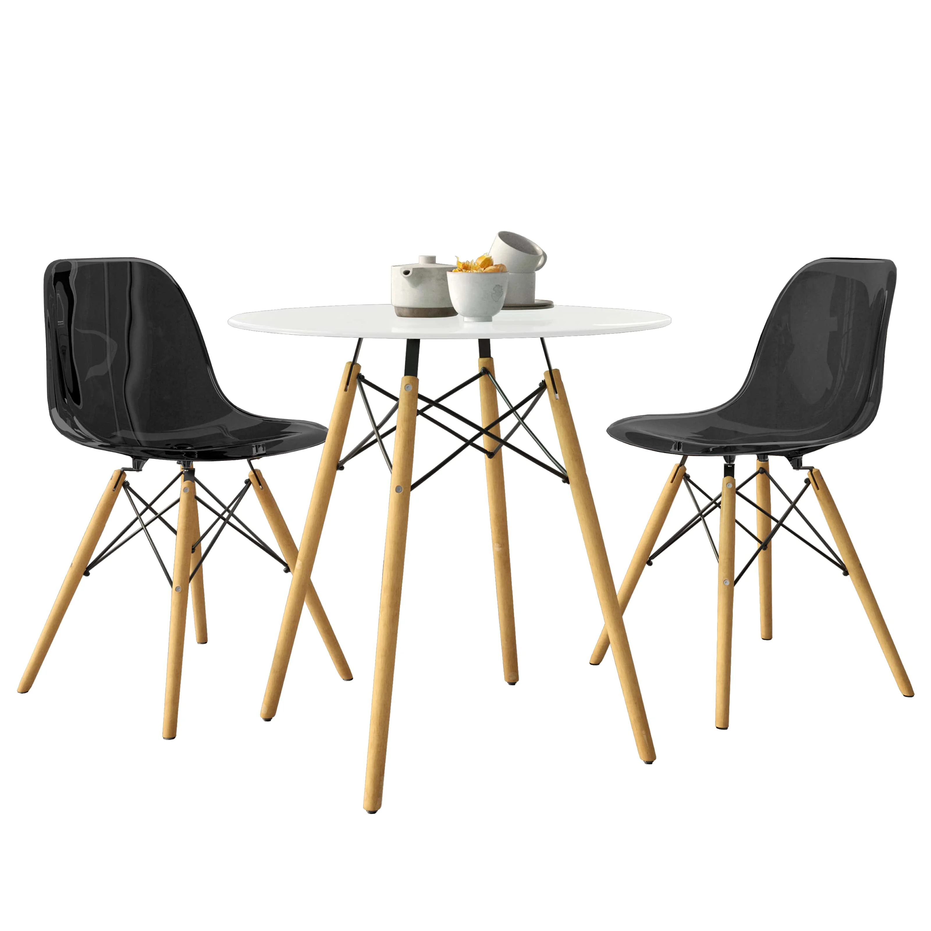 Dover 3-Piece Dining Set with Round White MDF Top Bistro Table and 2 Plastic Chairs in Black
