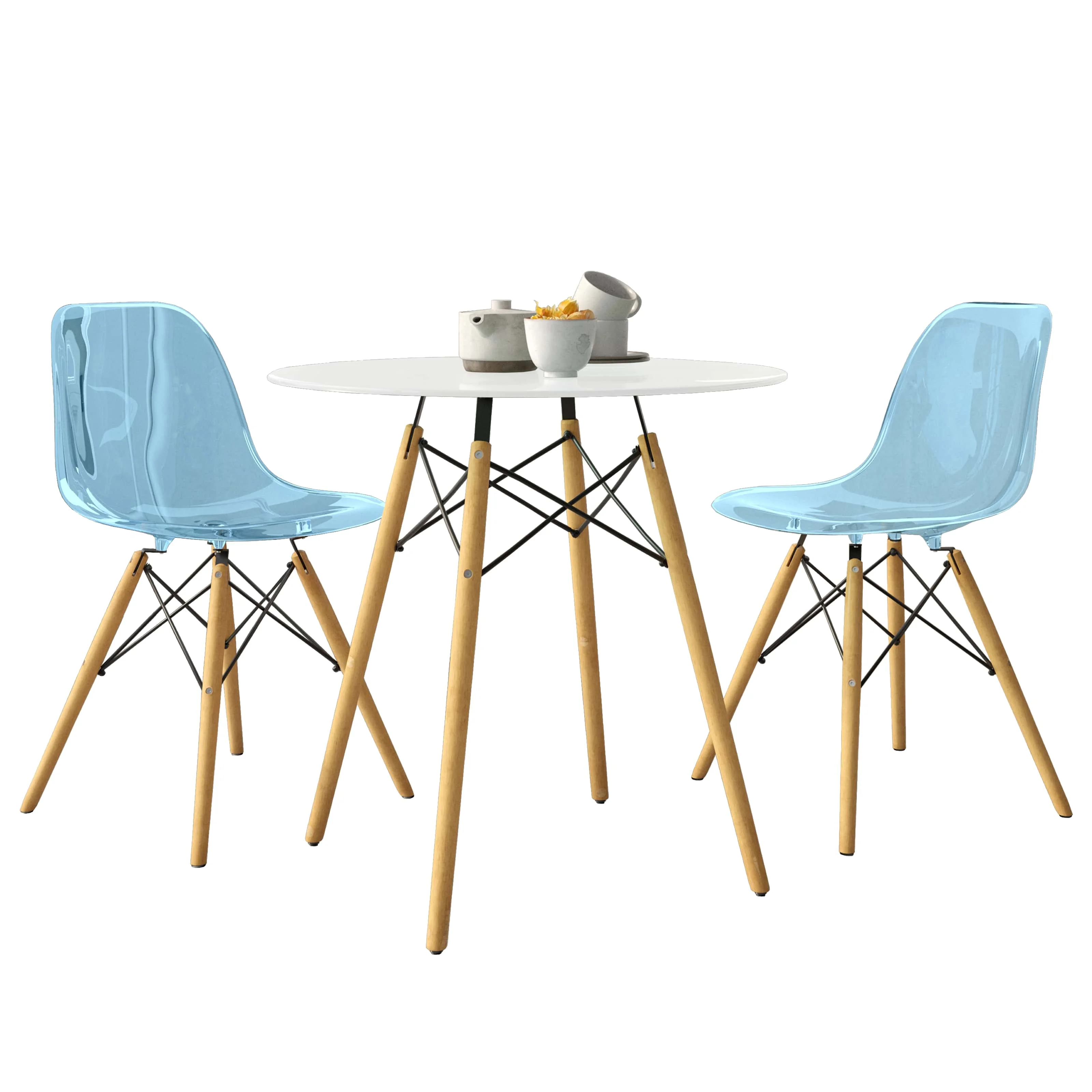 Dover 3-Piece Dining Set with Round White MDF Top Bistro Table and 2 Plastic Chairs in Blue