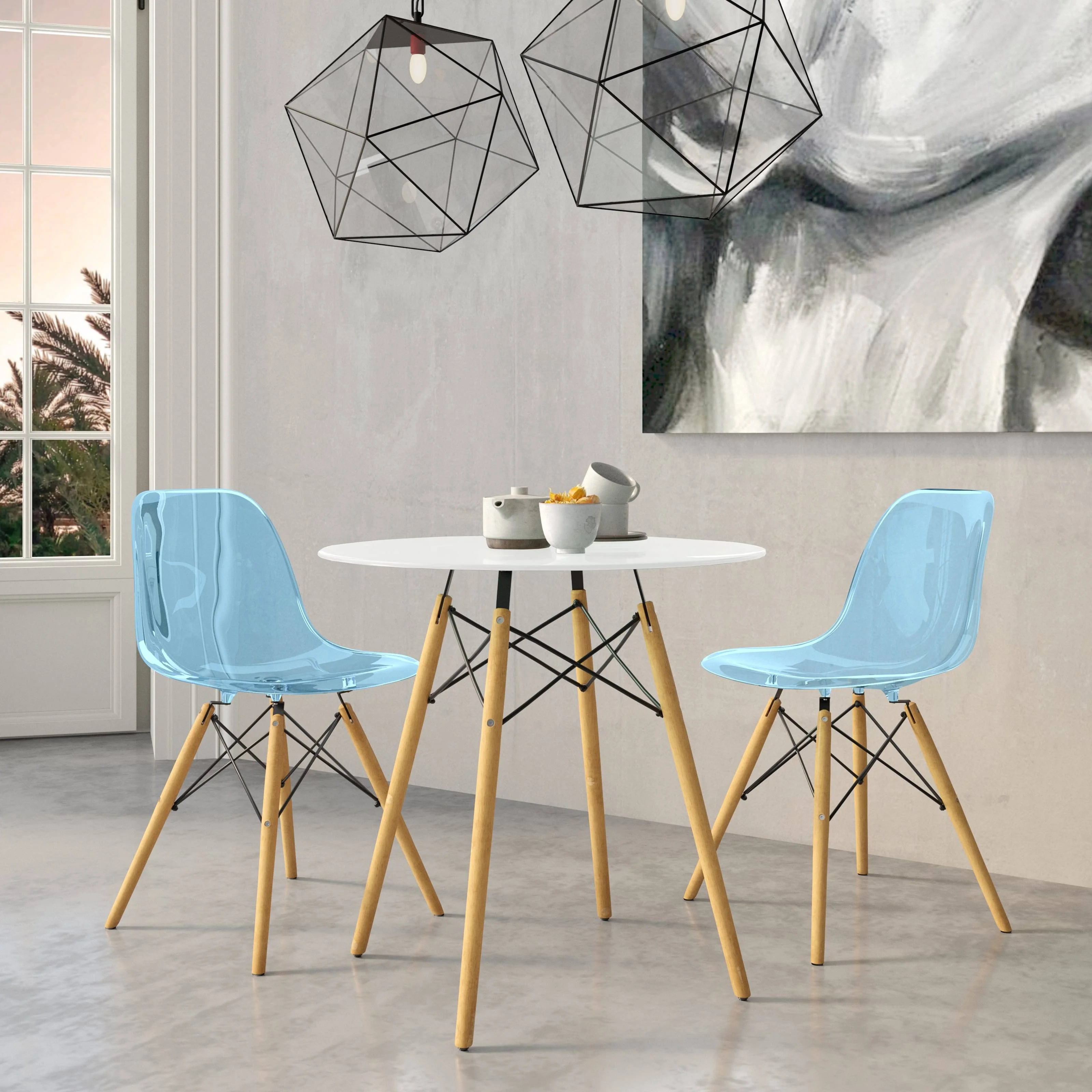 Dover 3-Piece Dining Set with Round White MDF Top Bistro Table and 2 Plastic Chairs in Blue