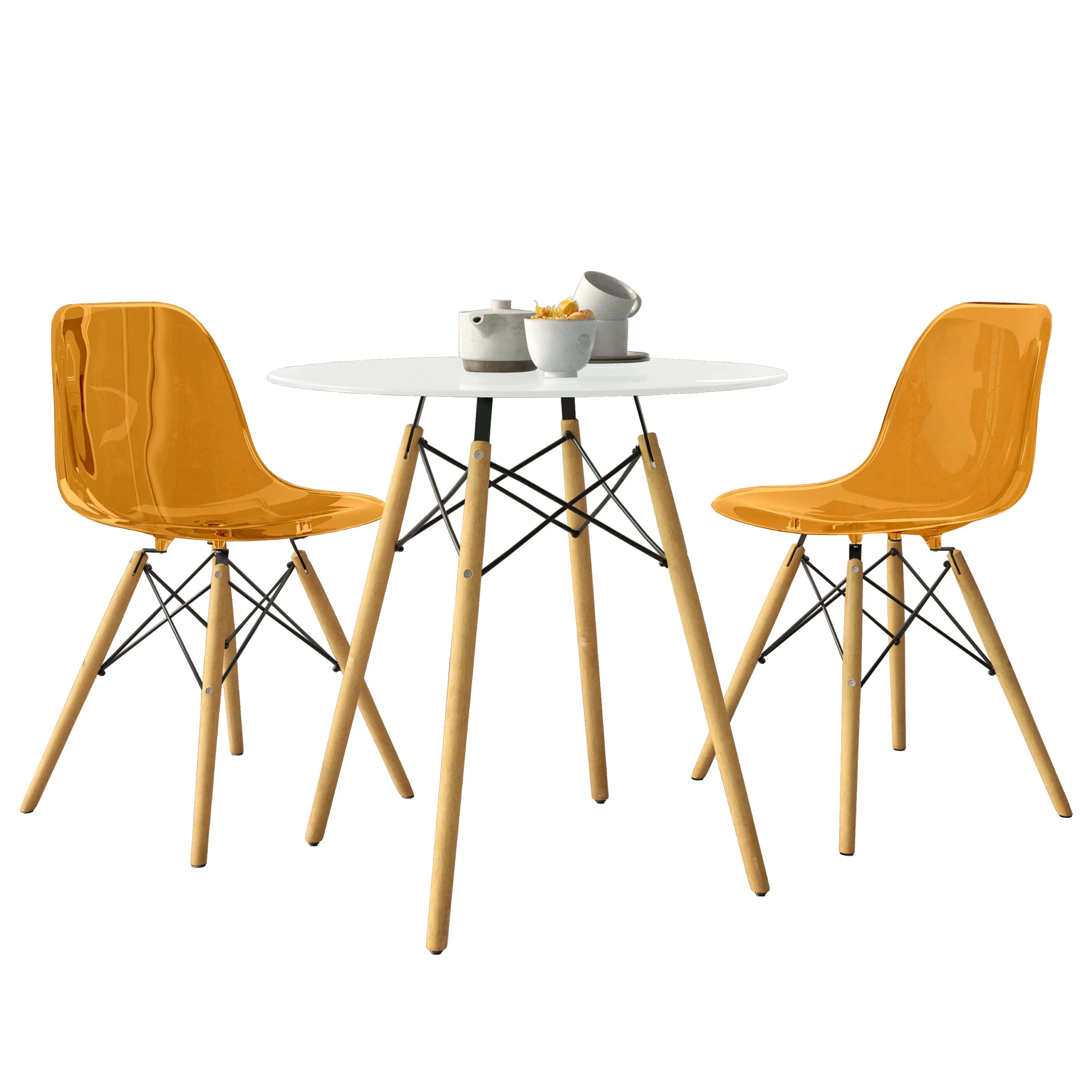 Dover 3-Piece Dining Set with Round White MDF Top Bistro Table and 2 Plastic Chairs in Orange