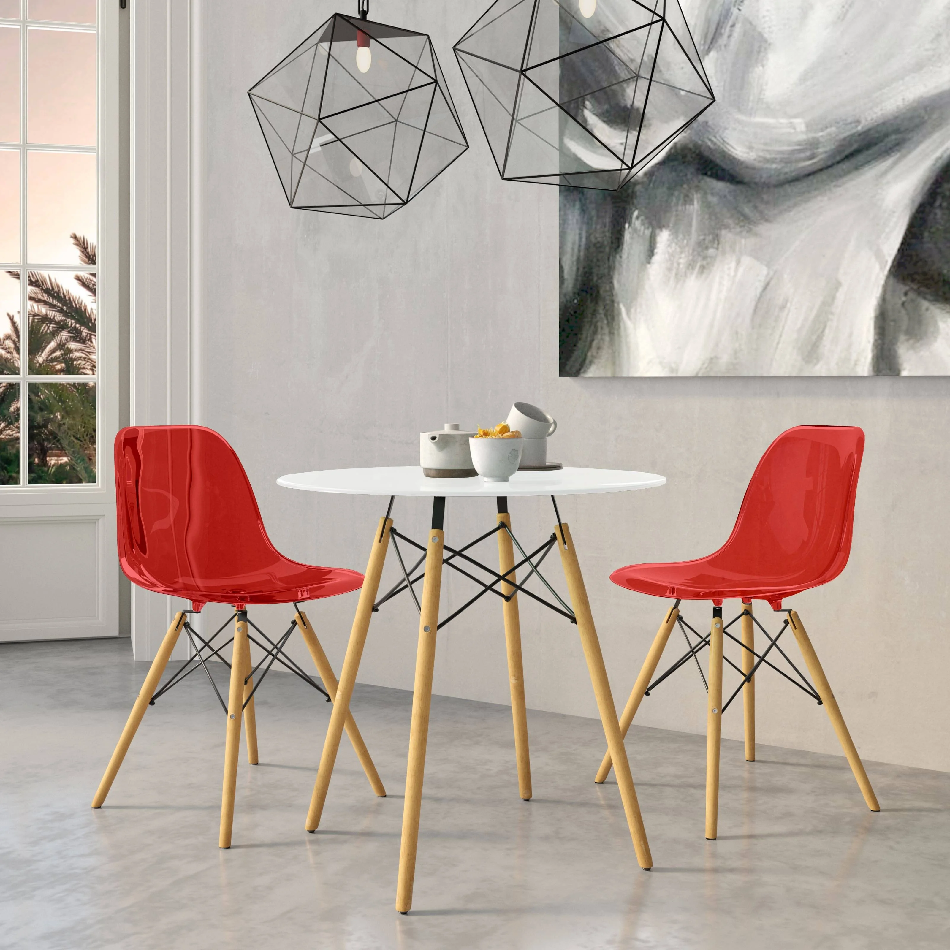 Dover 3-Piece Dining Set with Round White MDF Top Bistro Table and 2 Plastic Chairs in Red