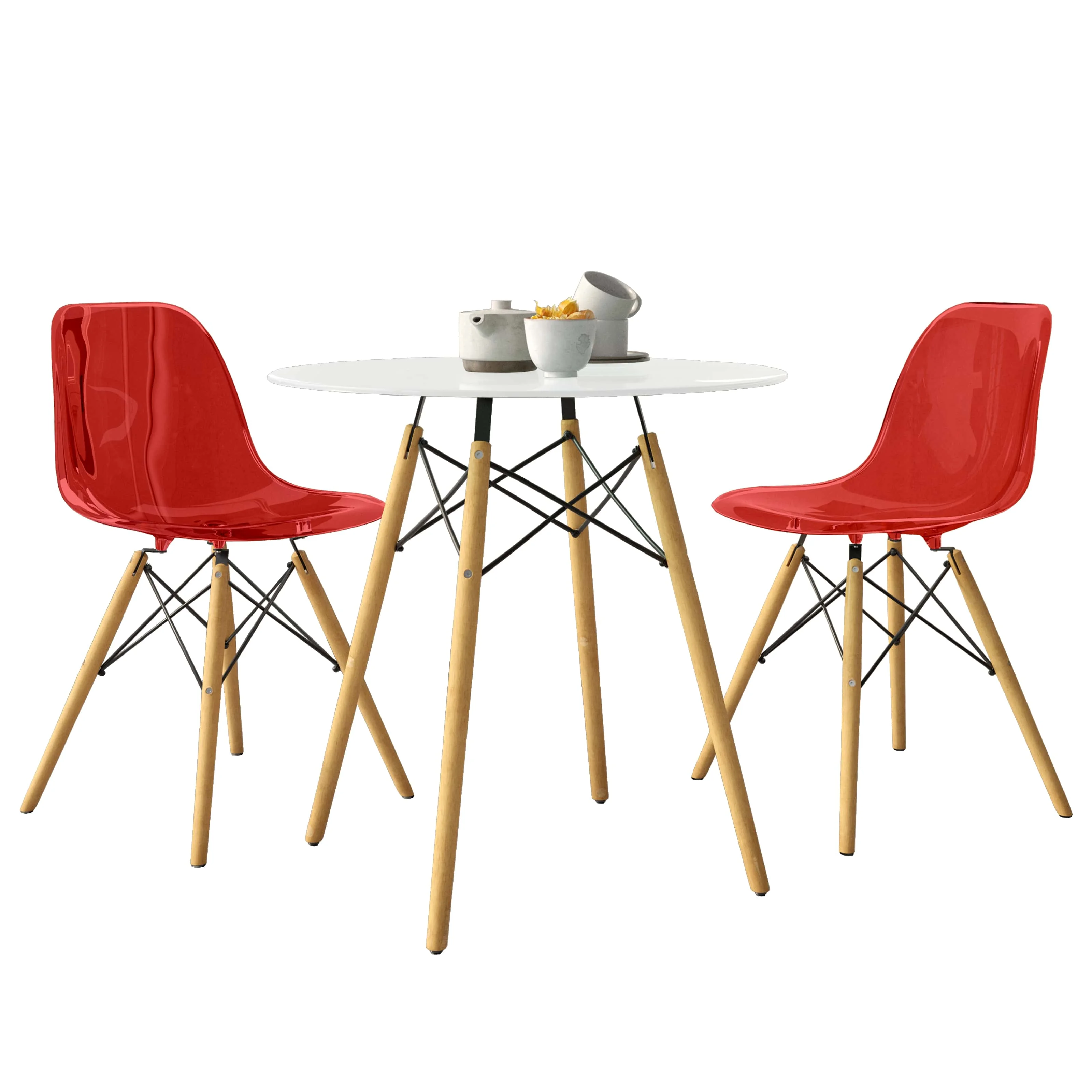 Dover 3-Piece Dining Set with Round White MDF Top Bistro Table and 2 Plastic Chairs in Red