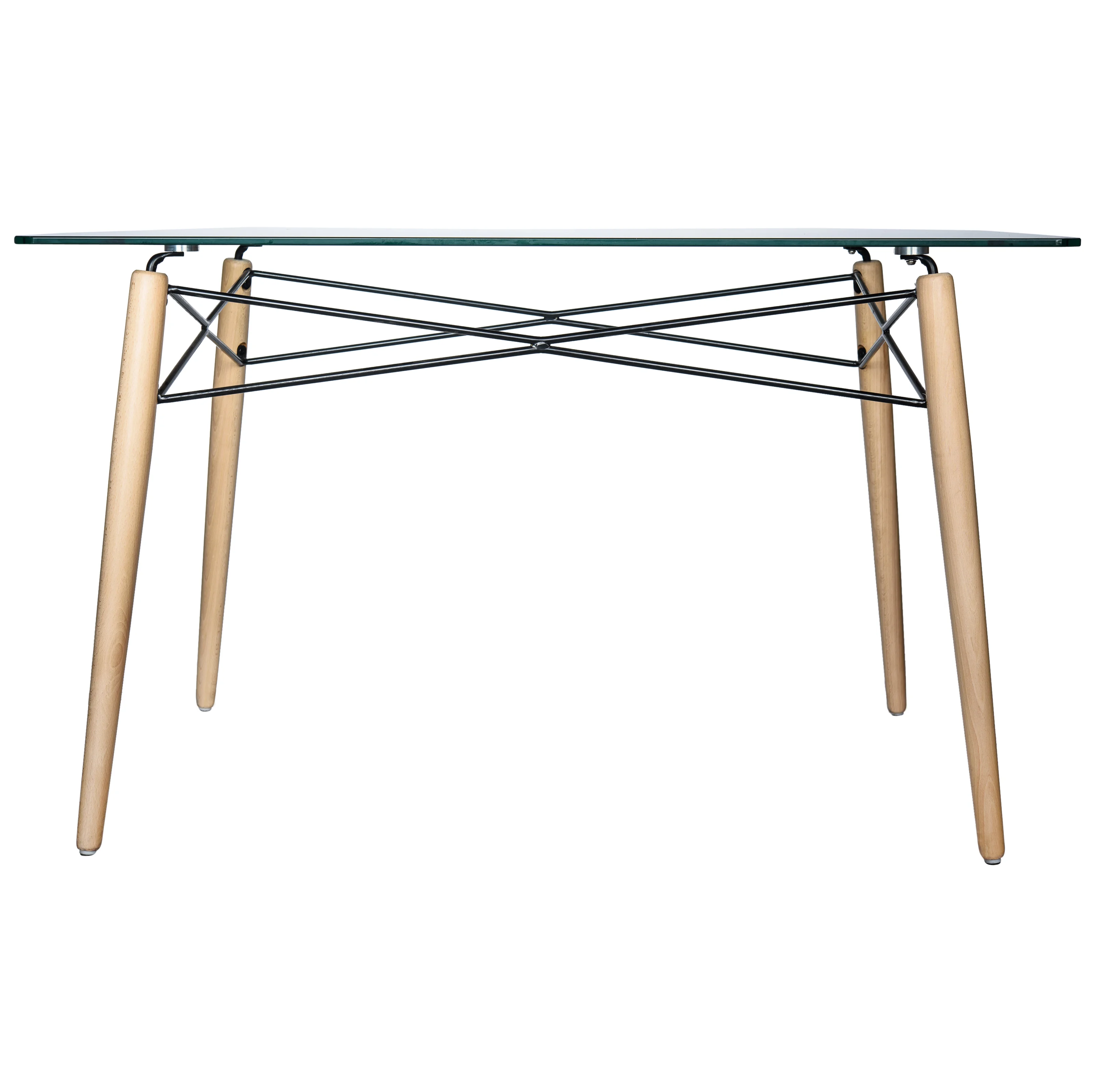 Dover 4Ft Rectangle Glass Top Dining Table W/ Natural Wood Eiffel Base