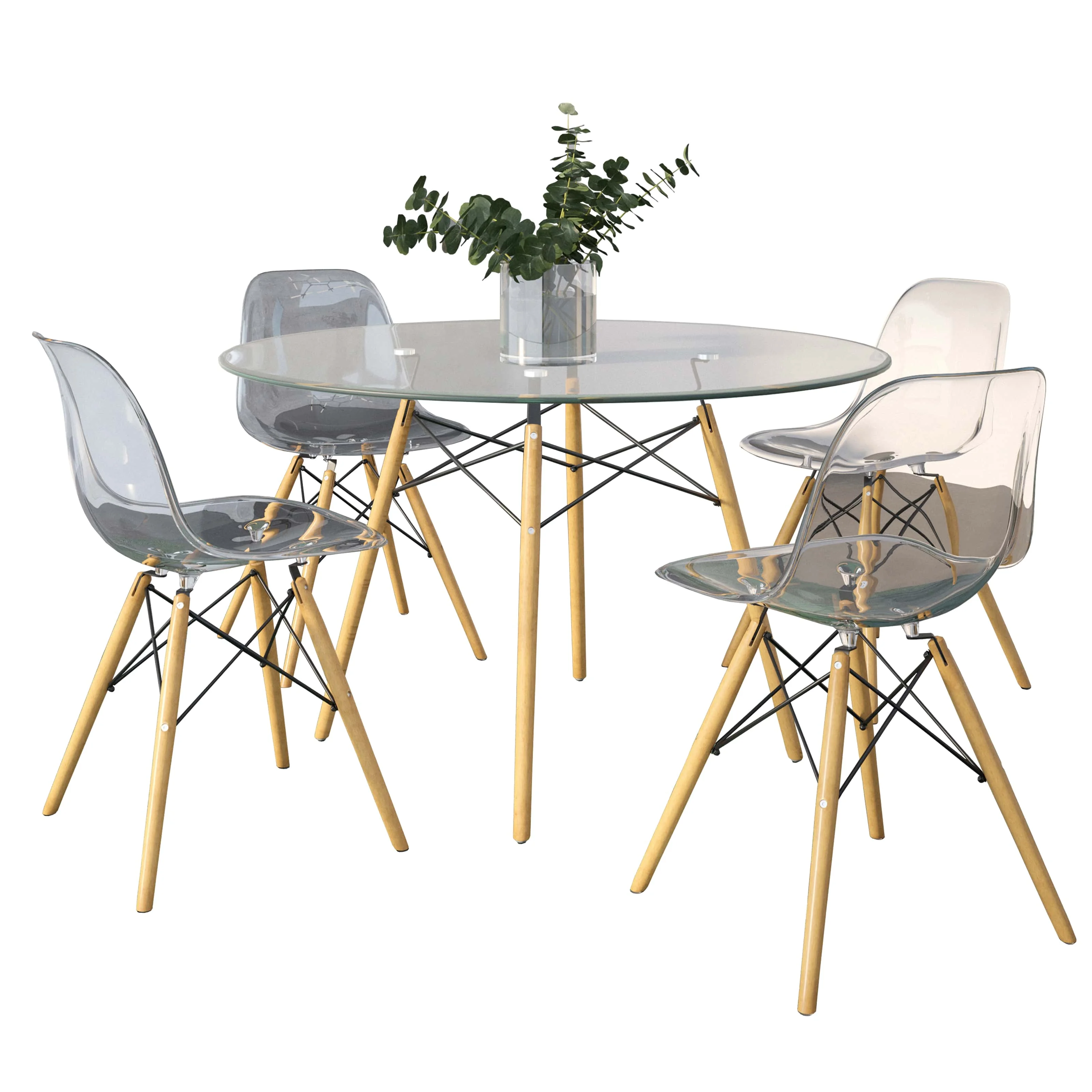 Dover 5-Piece Dining Set with 4 Plastic Chairs in Clear