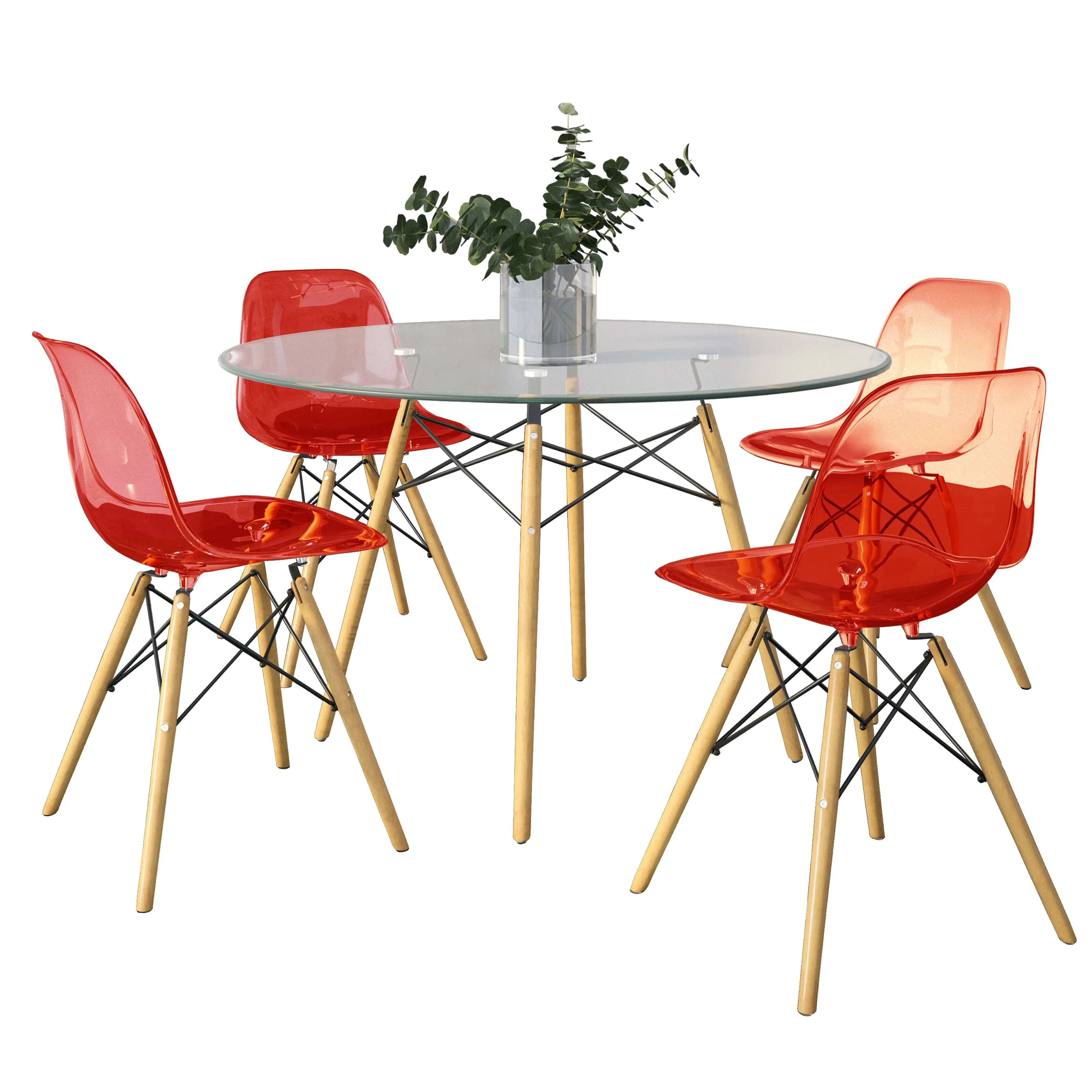 Dover 5-Piece Dining Set with 4 Plastic Chairs in Transparent Red