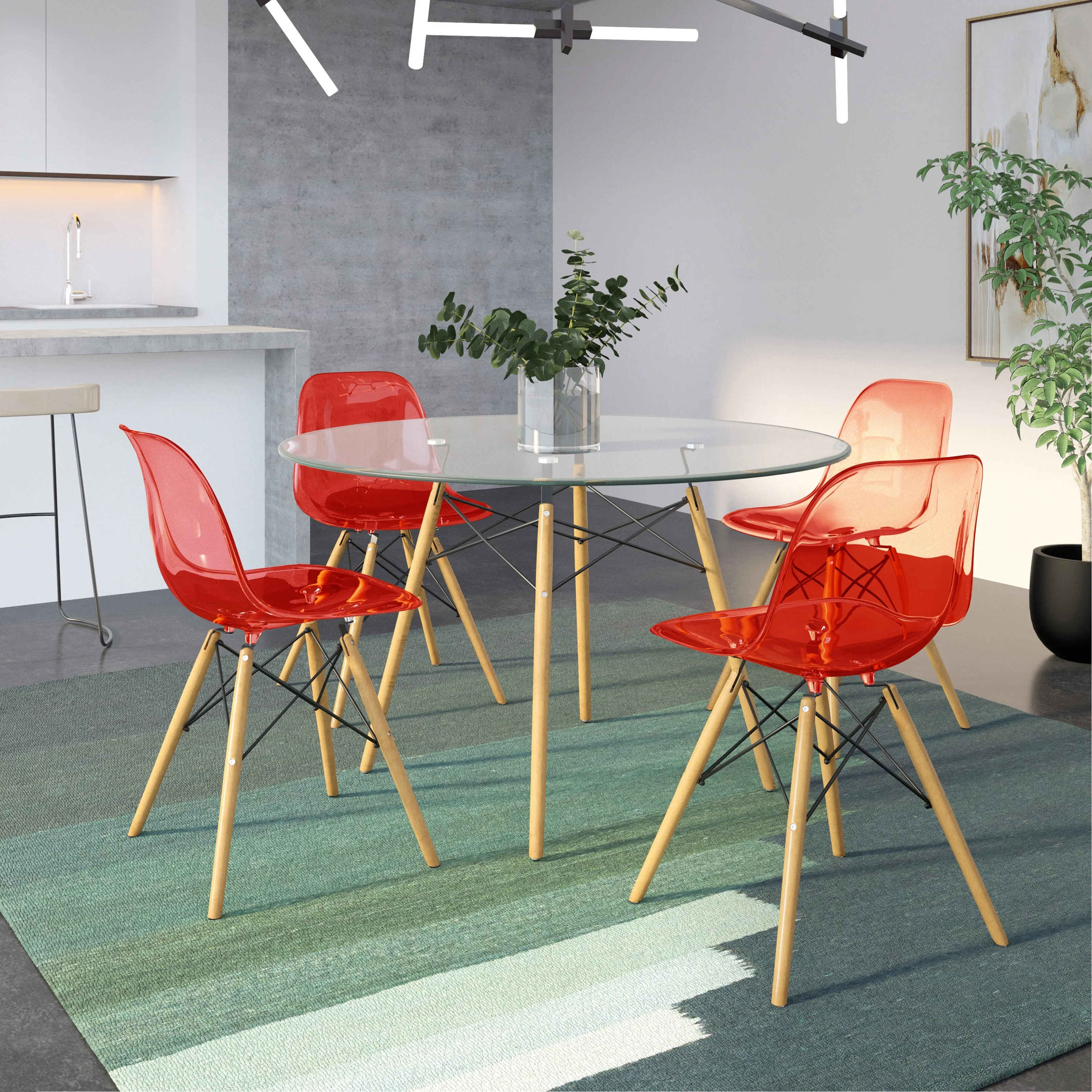 Dover 5-Piece Dining Set with 4 Plastic Chairs in Transparent Red