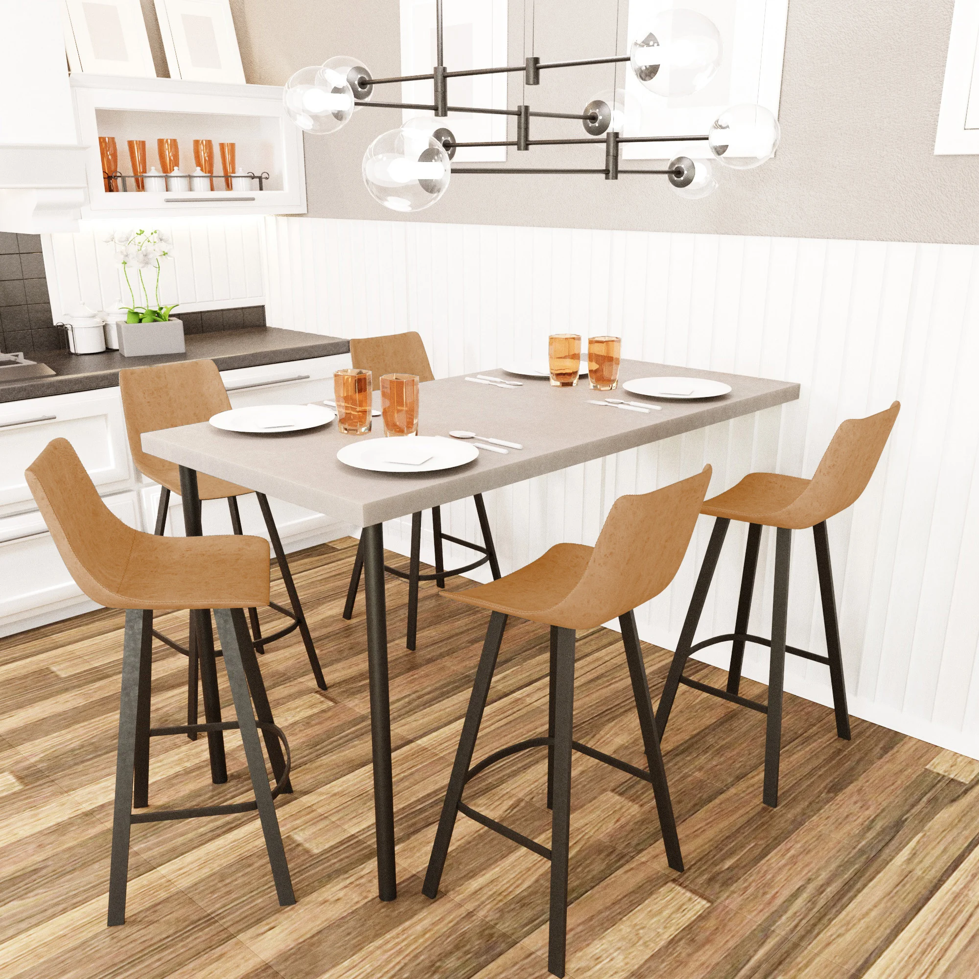 Elland Modern Upholstered Leather Bar Stool With Iron Legs & Footrest Set of 2