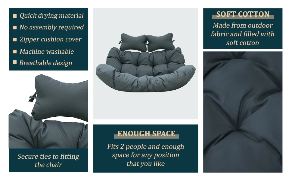 Wicker 2 Person Double Folding Hanging Egg Swing Cushion