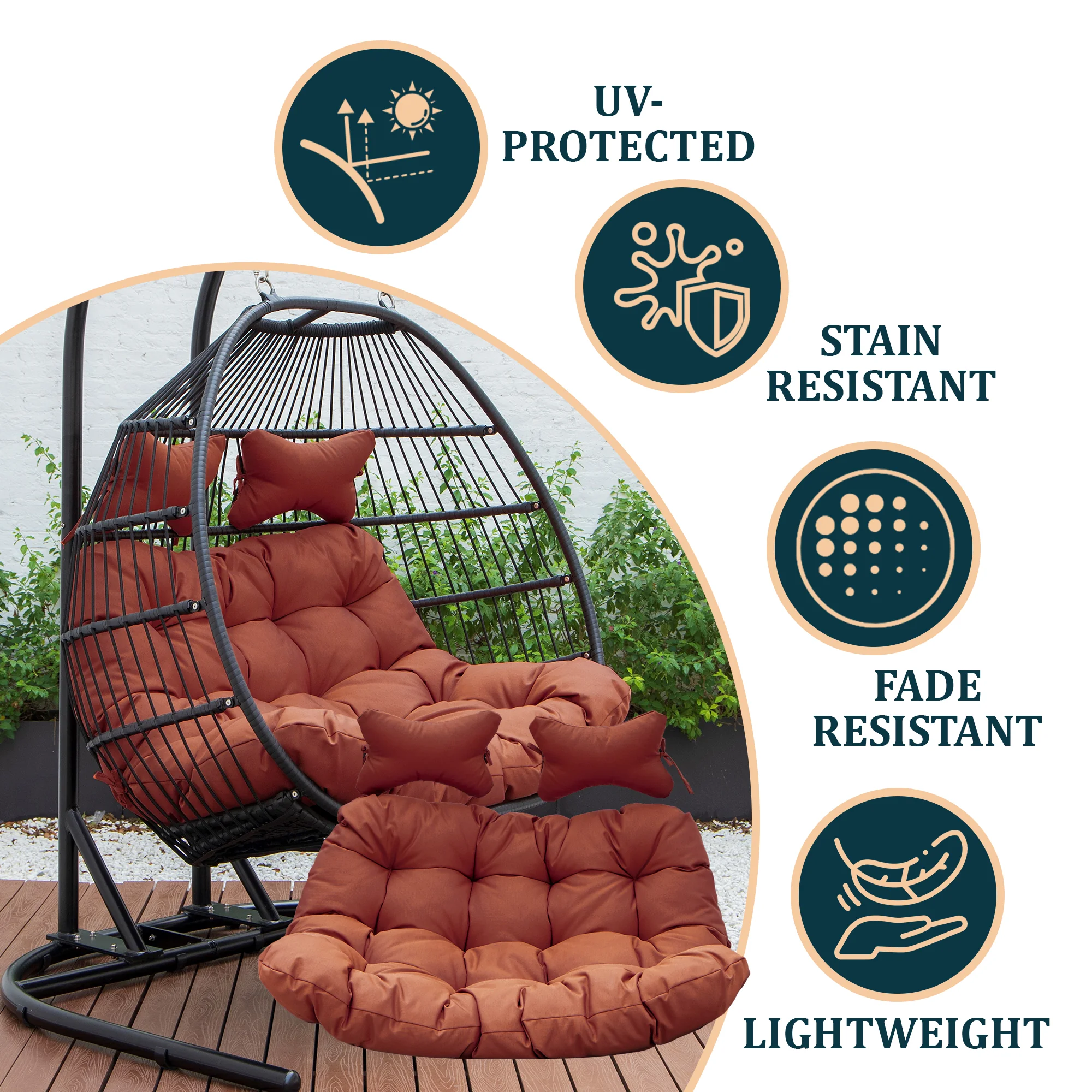 Wicker 2 Person Double Folding Hanging Egg Swing Cushion