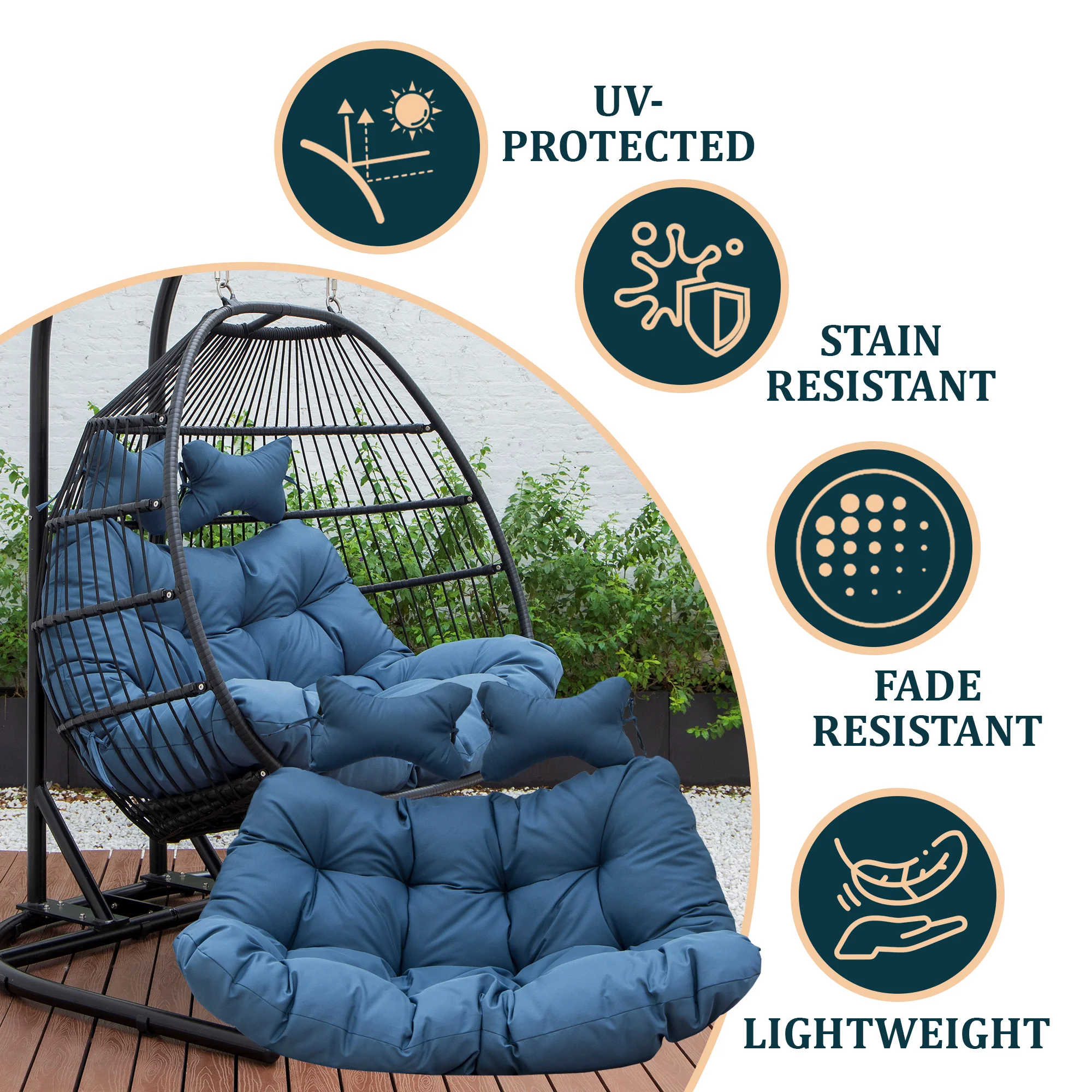 Wicker 2 Person Double Folding Hanging Egg Swing Cushion